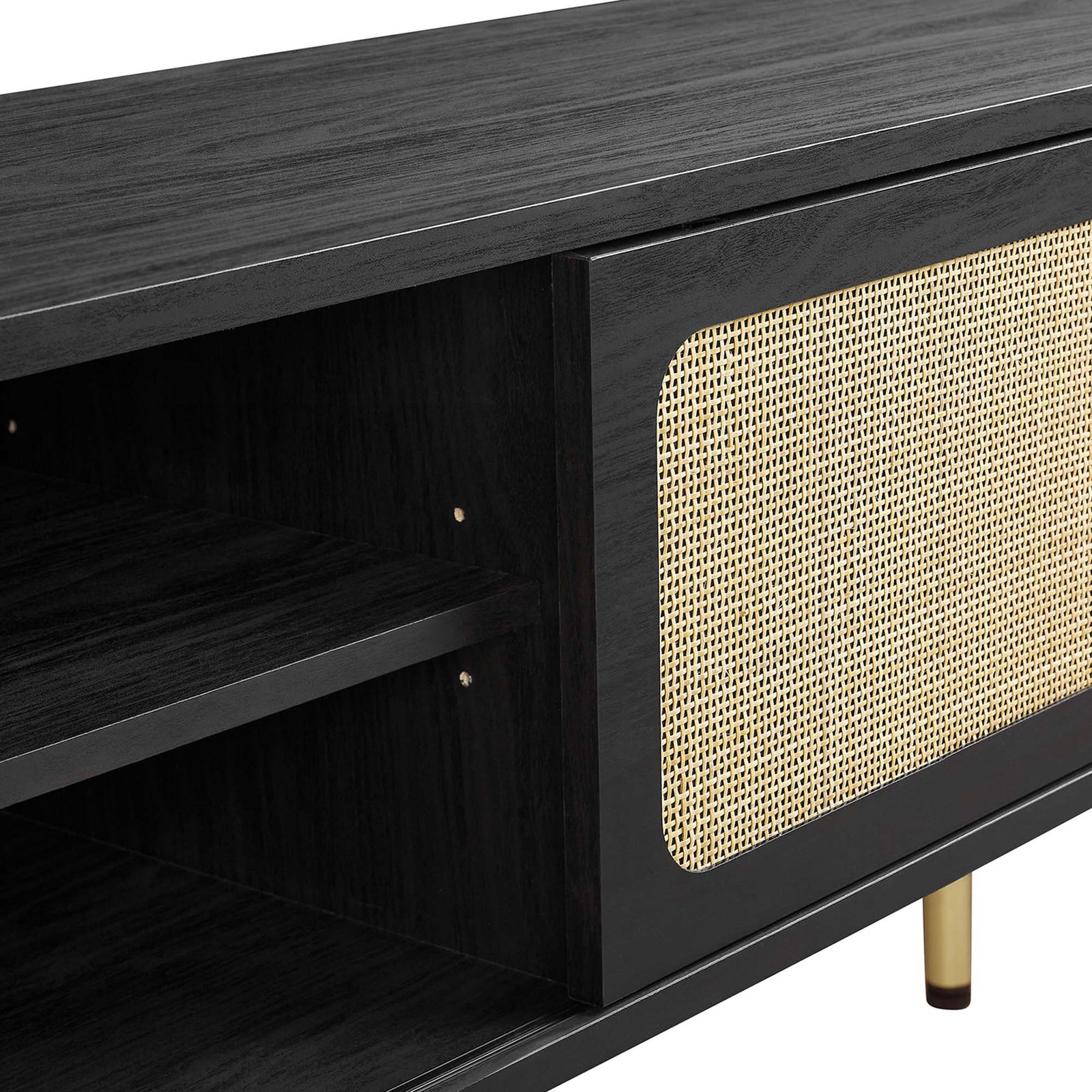 Detail of black TV stand with woven rattan doors and spacious center shelving. || EEI-6045-BLK || detail_studio
