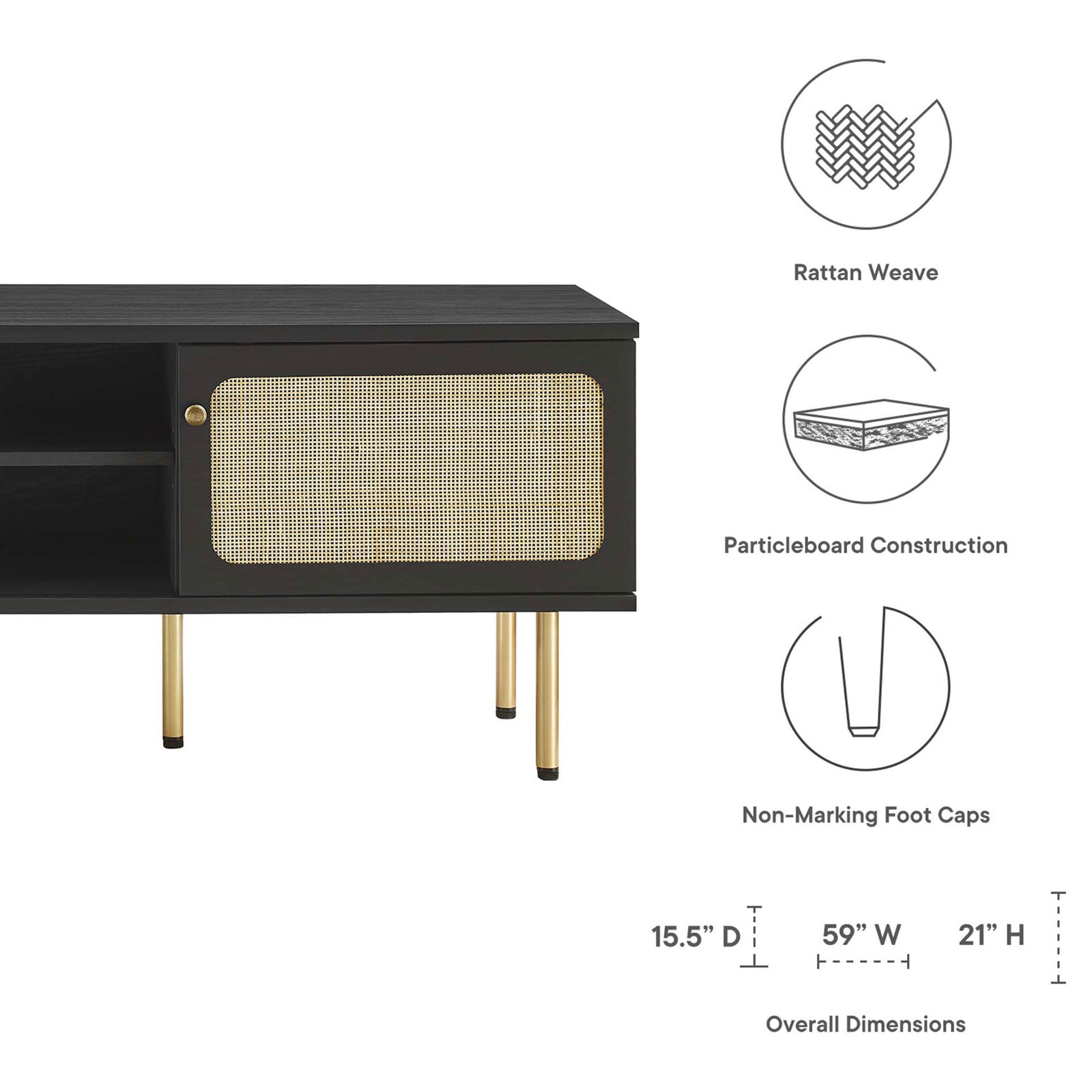 Black TV stand with rattan doors, feature icons, and labeled overall dimensions. || EEI-6045-BLK || dimension_studio