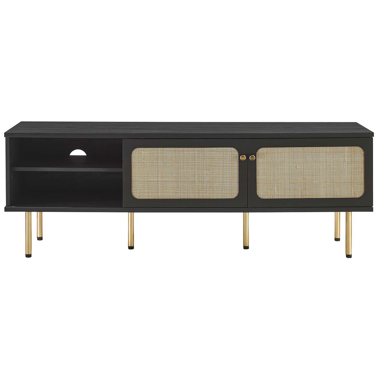 Long black TV stand with two rattan sliding doors flanking open center shelves and gold legs. || EEI-6045-BLK || front_studio