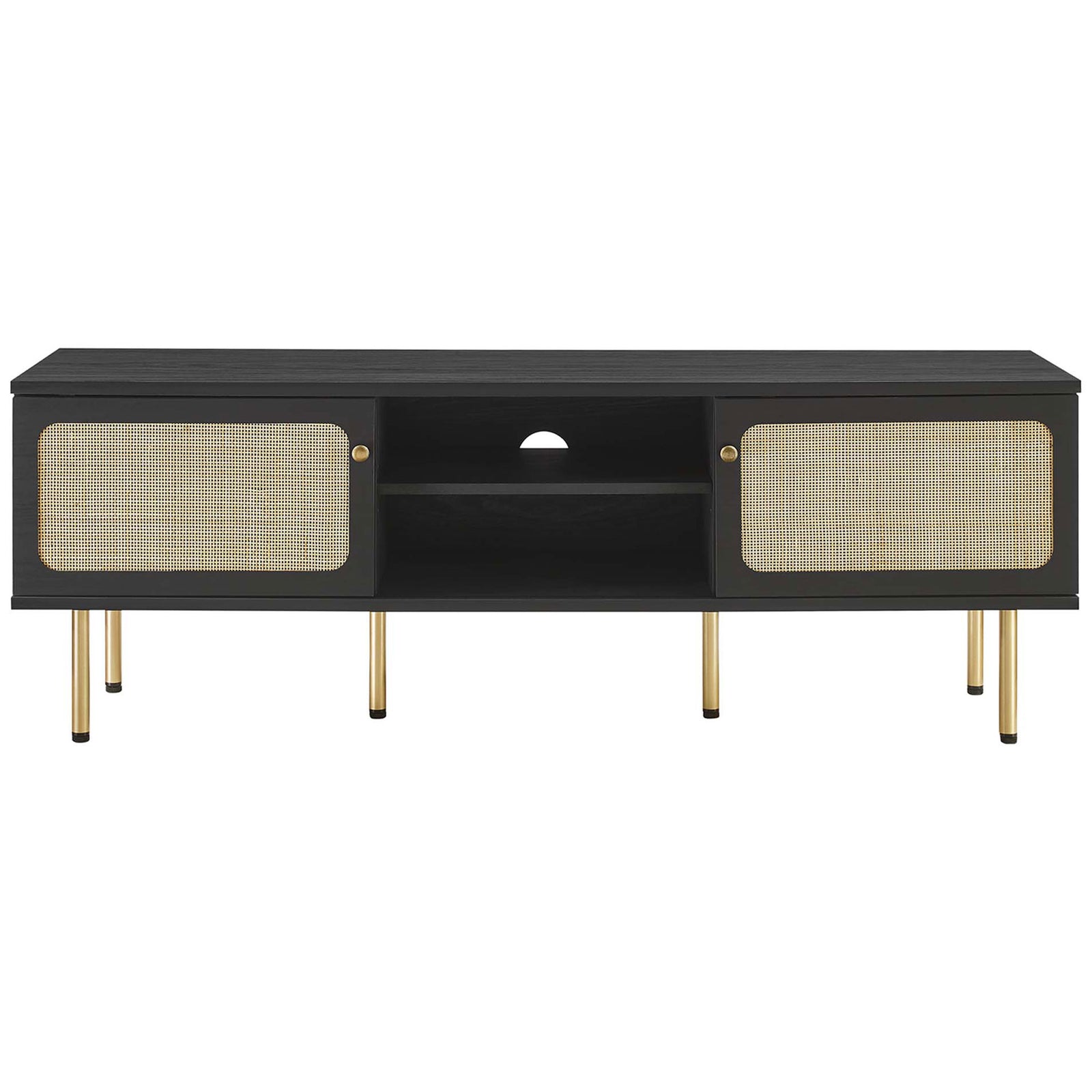 Black media console with woven rattan doors partially covering the adjustable center shelving. || EEI-6045-BLK || front_studio