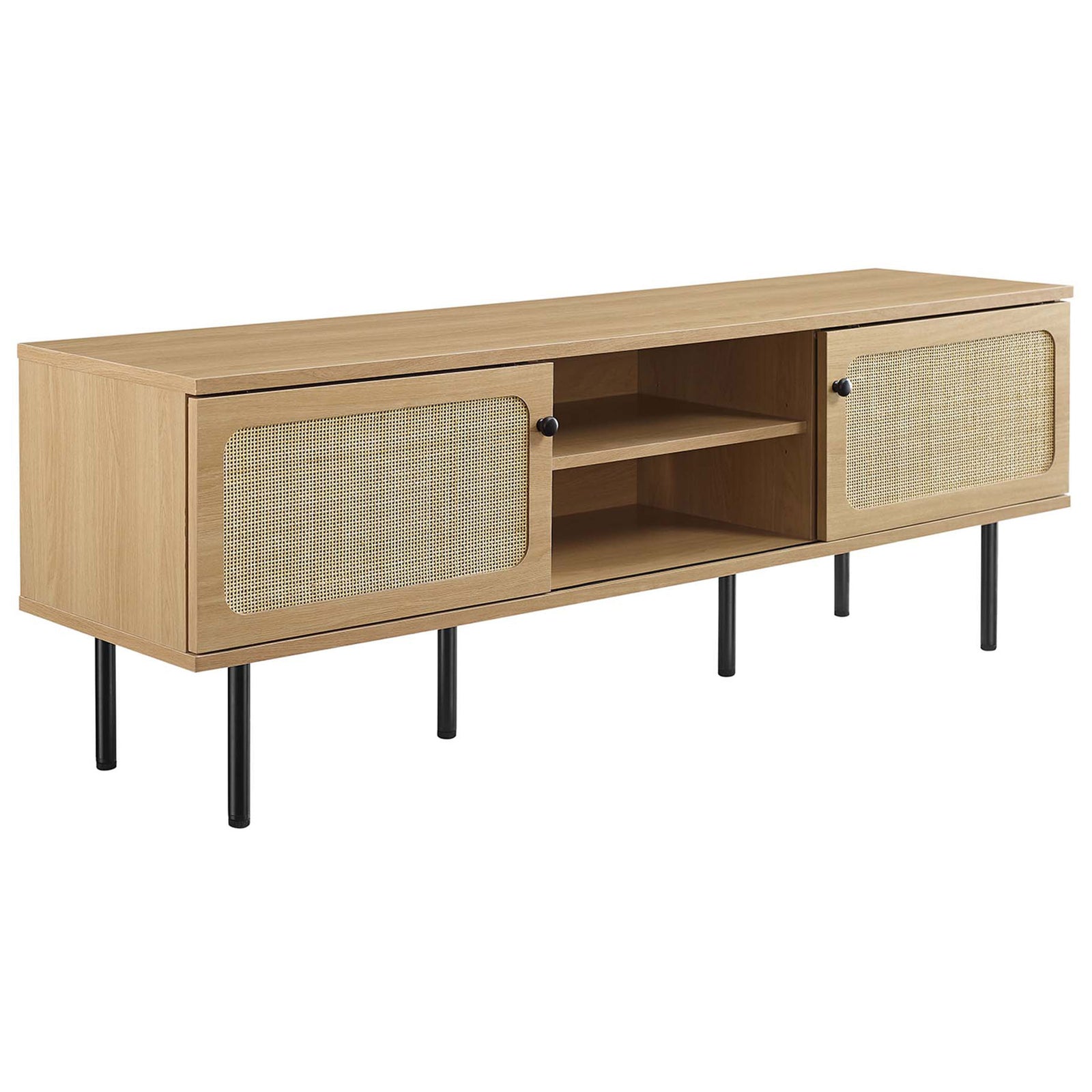 Modern oak TV console featuring dual rattan doors, center shelves, and slim black metal legs. || EEI-6045-OAK || front_angle_studio