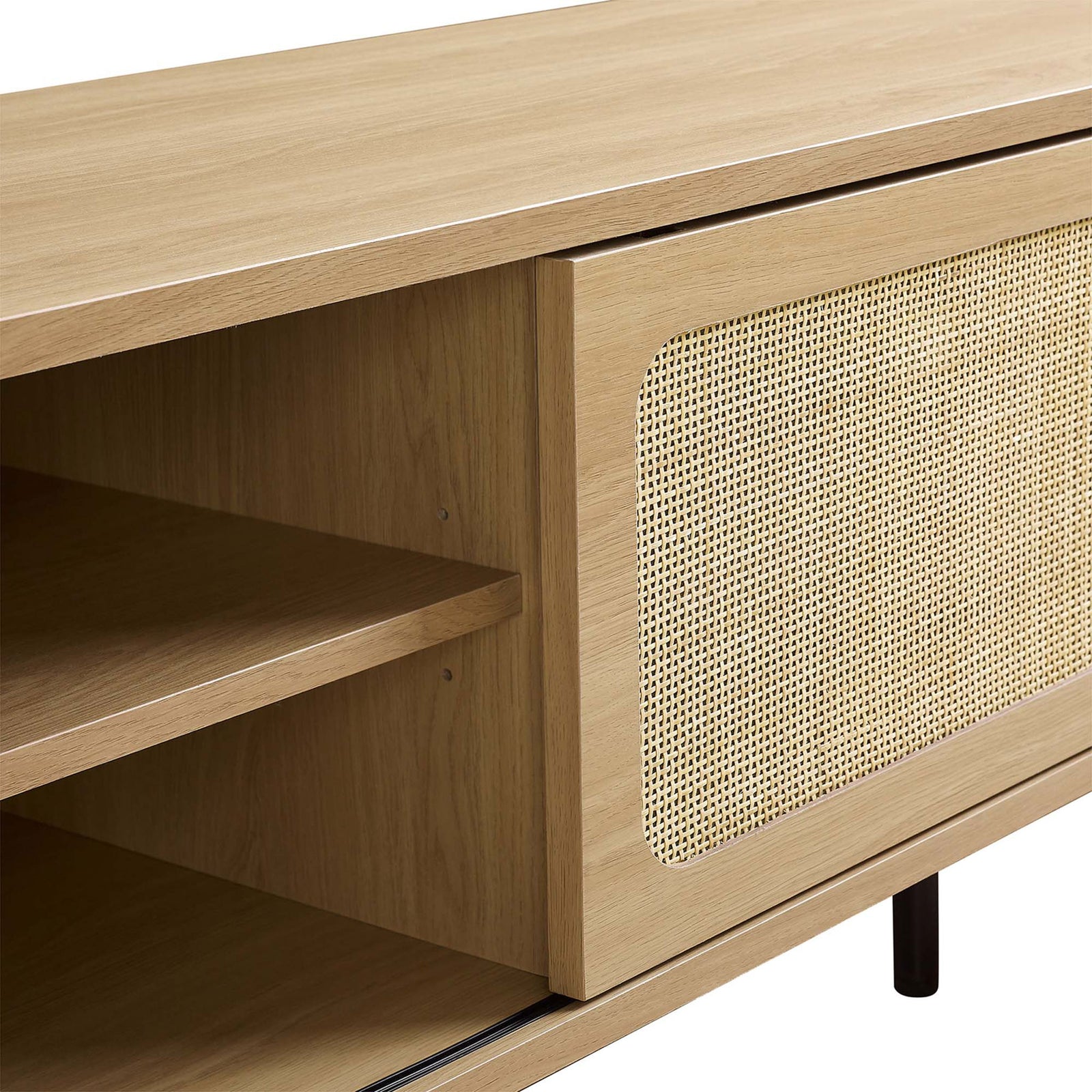 Detail of oak TV stand with woven rattan doors and spacious center shelves for media gear. || EEI-6045-OAK || detail_studio
