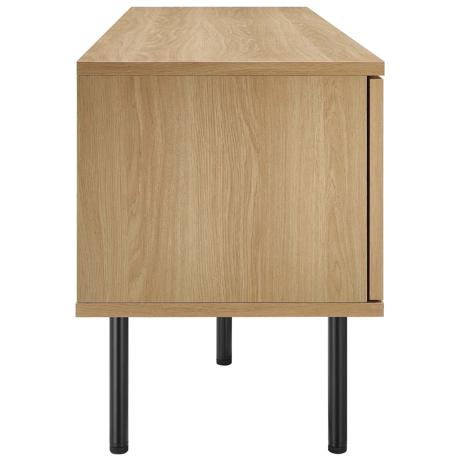 Oak TV stand showing long side panel and multiple black cylindrical legs. || EEI-6045-OAK || side_studio