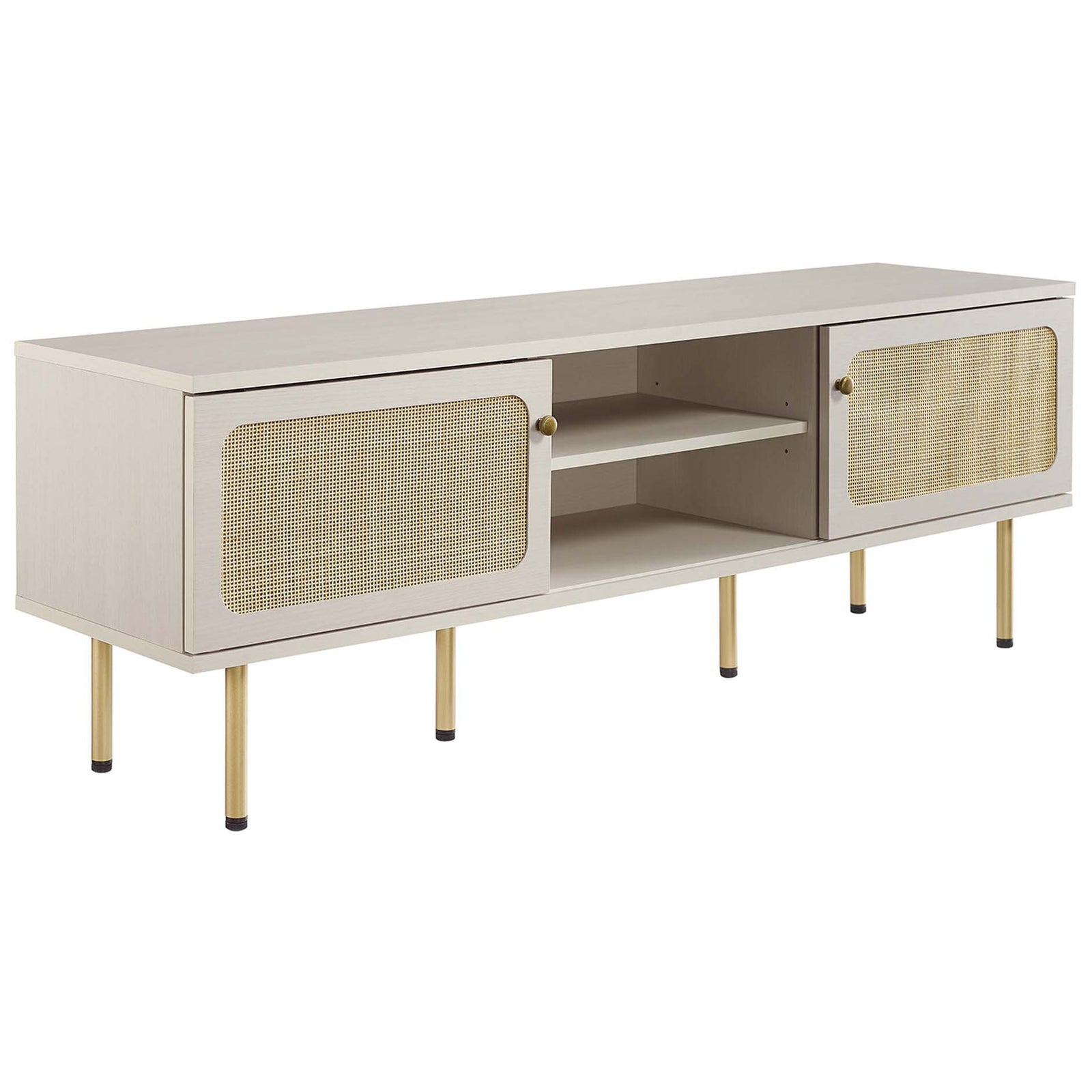 Modern white TV console featuring dual rattan doors, center shelves, and slim gold metal legs. || EEI-6045-WHI || front_angle_studio