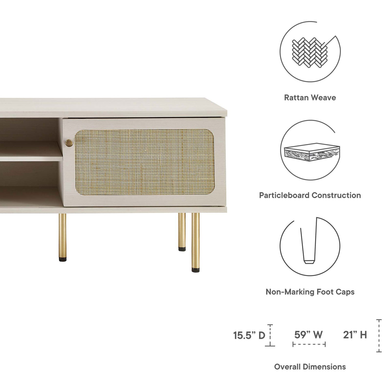 White TV stand with rattan doors, feature icons, and clearly labeled overall dimensions. || EEI-6045-WHI || dimension_studio