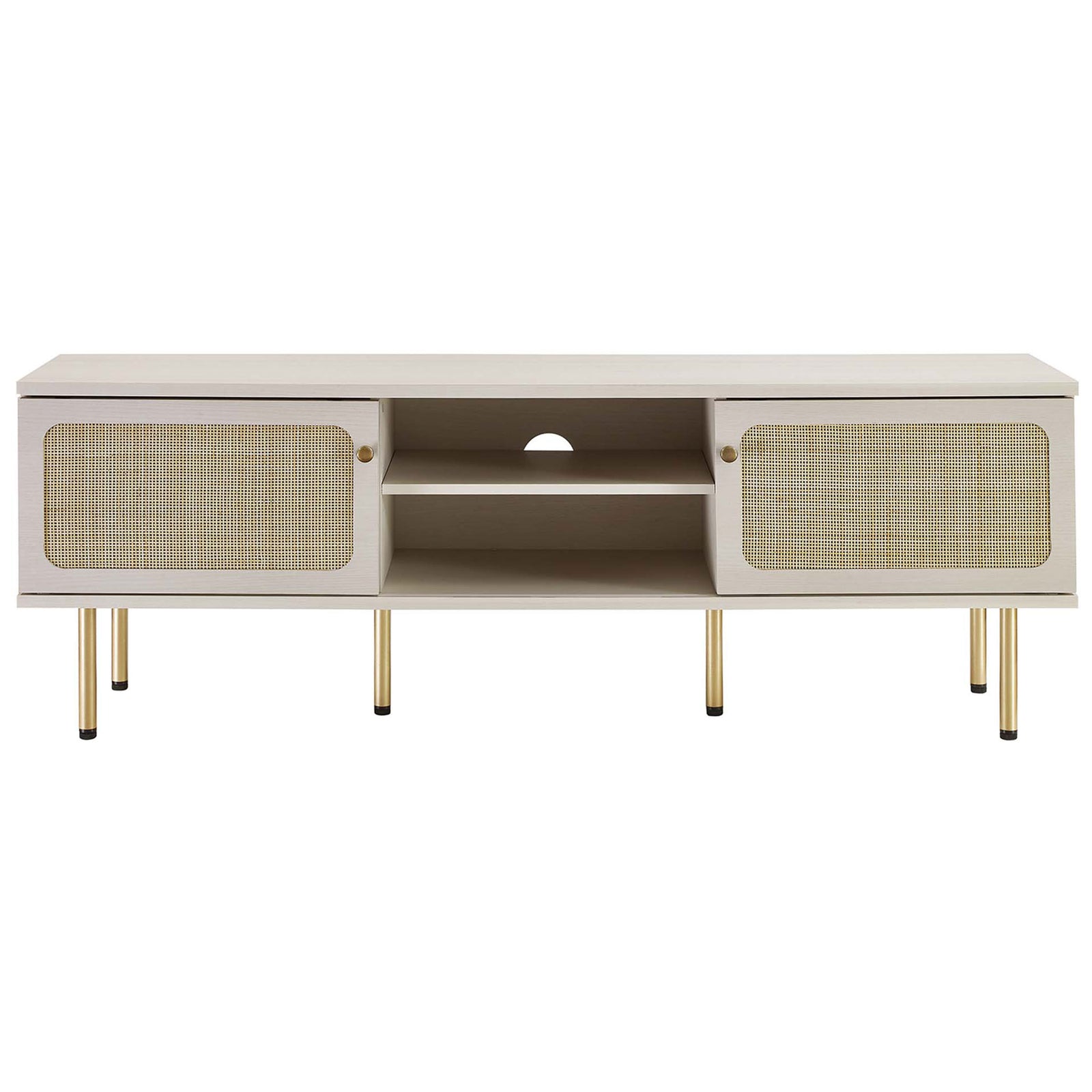 White media console with woven rattan doors partly covering the central storage compartment. || EEI-6045-WHI || front_studio