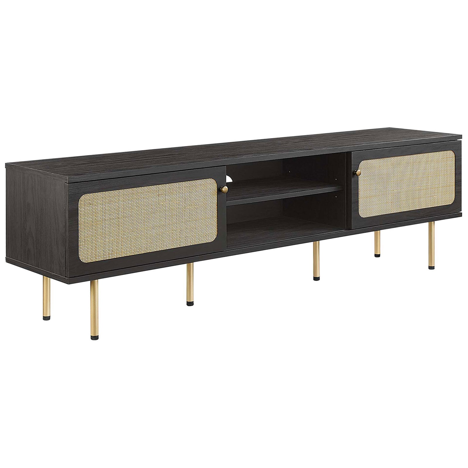 Modern extra-long black TV console featuring dual rattan doors, spacious center shelves, and slim gold legs. || EEI-6046-BLK || front_angle_studio