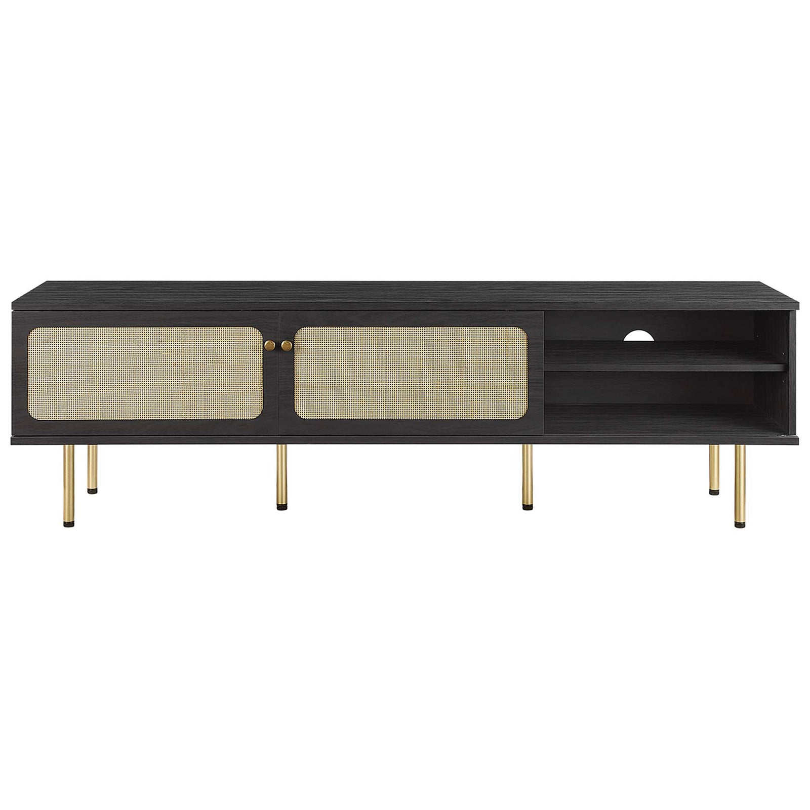 Black TV console with dual woven rattan doors and a centered cable cutout above open shelving. || EEI-6046-BLK || front_studio