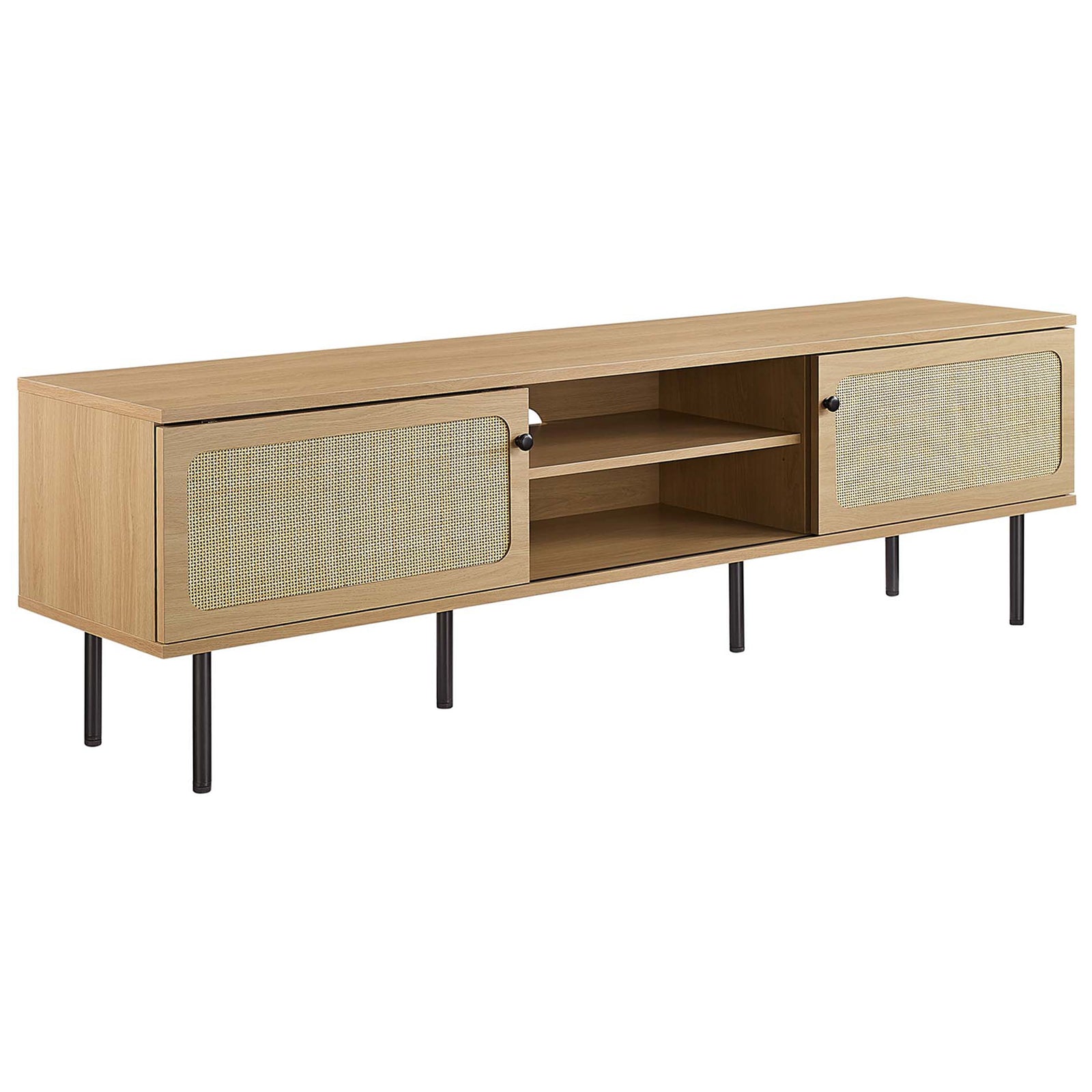 Modern extra-long oak TV console featuring dual rattan doors, deep center shelves, and slim black legs. || EEI-6046-OAK || front_angle_studio