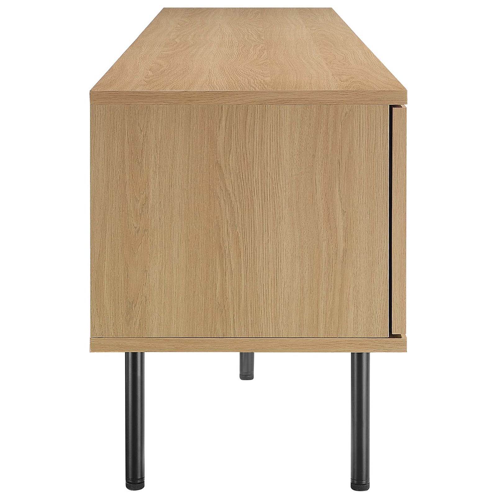 Oak TV stand showing extended side panel and several black cylindrical support legs. || EEI-6046-OAK || side_studio