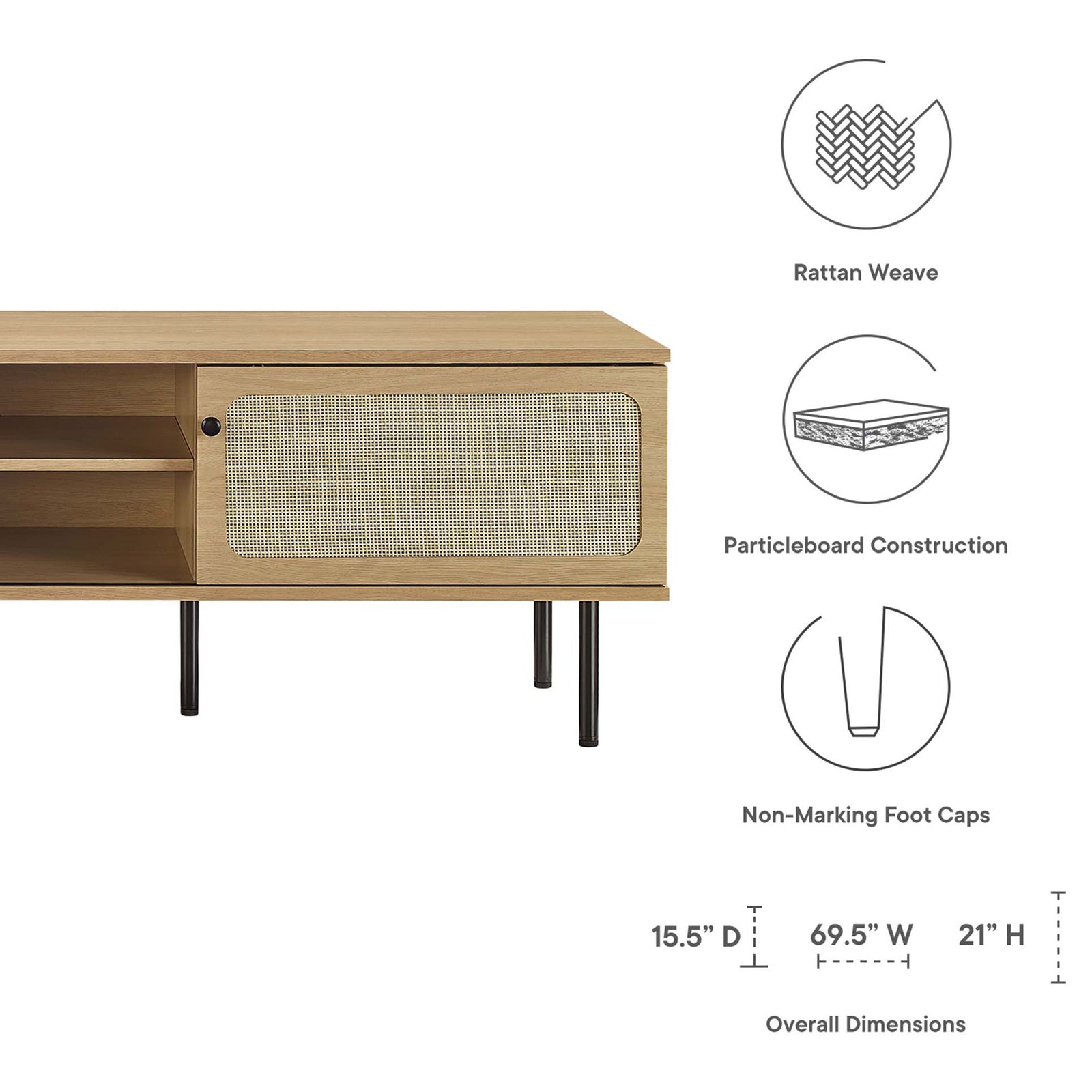 Oak TV stand with rattan doors, feature icons, and overall width and height dimensions shown. || EEI-6046-OAK || dimension_studio
