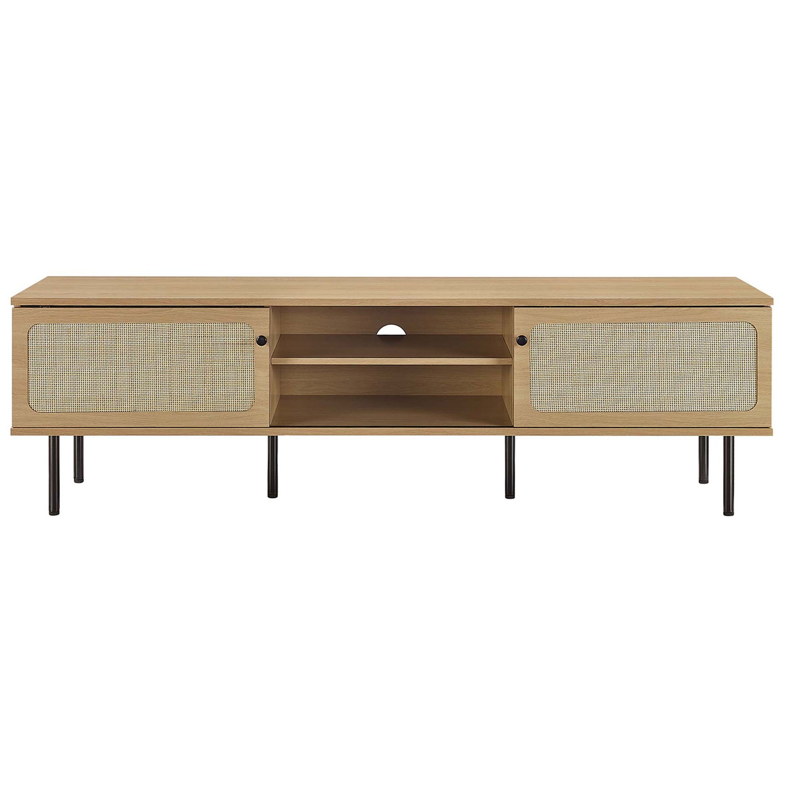 Oak media console with wide woven rattan doors gliding to conceal or expose the central storage. || EEI-6046-OAK || front_studio