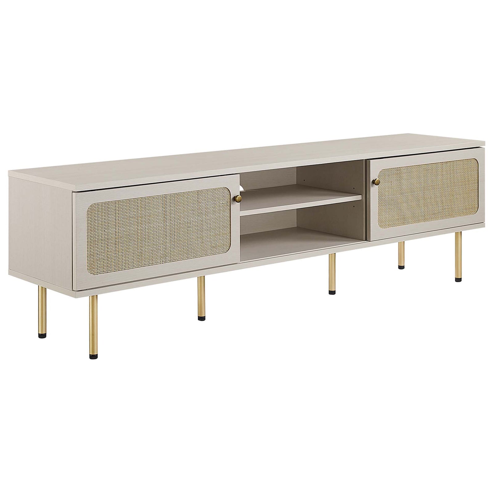 Modern extra-long white TV console featuring dual rattan doors, deep center shelves, and slim gold legs. || EEI-6046-WHI || front_angle_studio