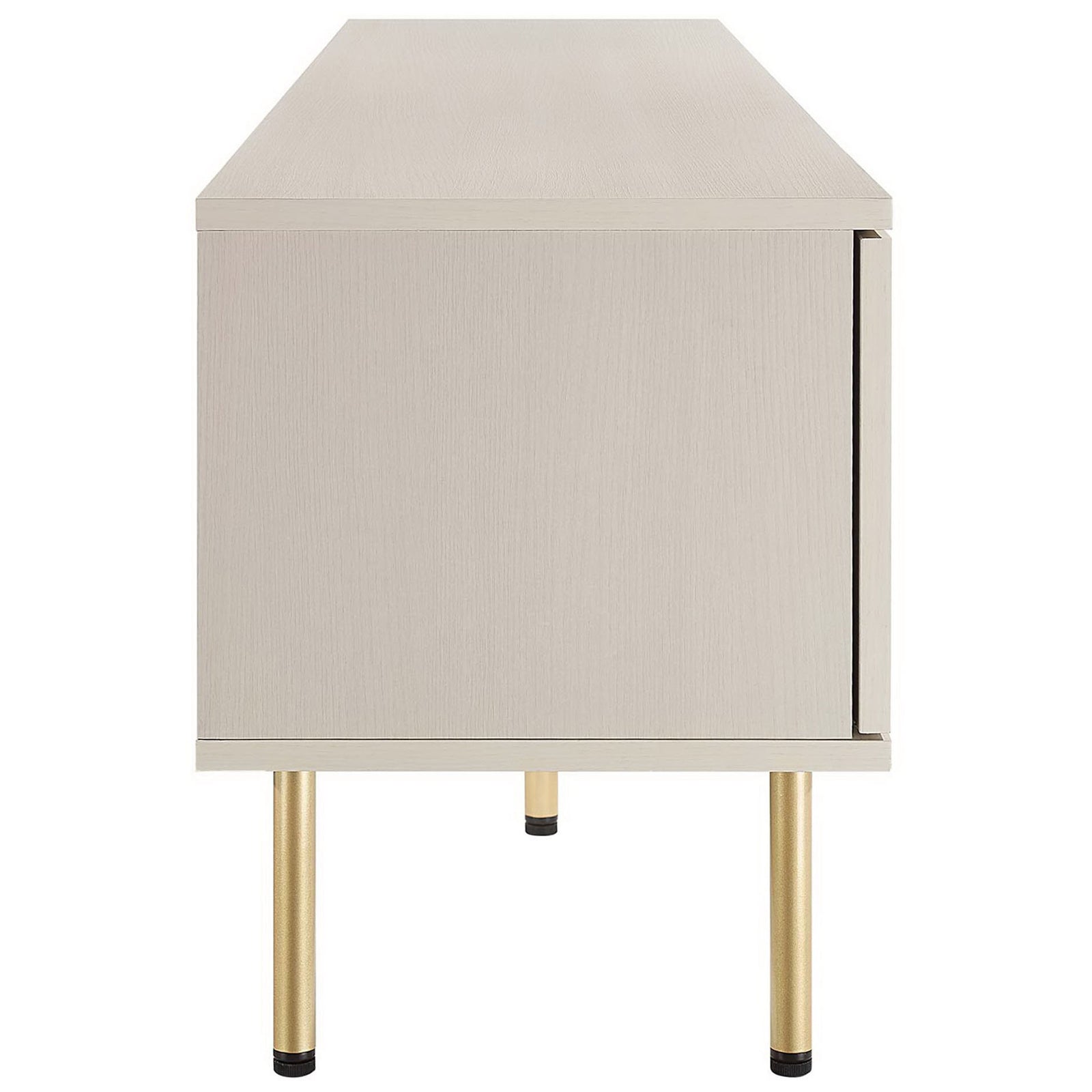 White TV stand showing extended side panel and several gold cylindrical support legs. || EEI-6046-WHI || side_studio