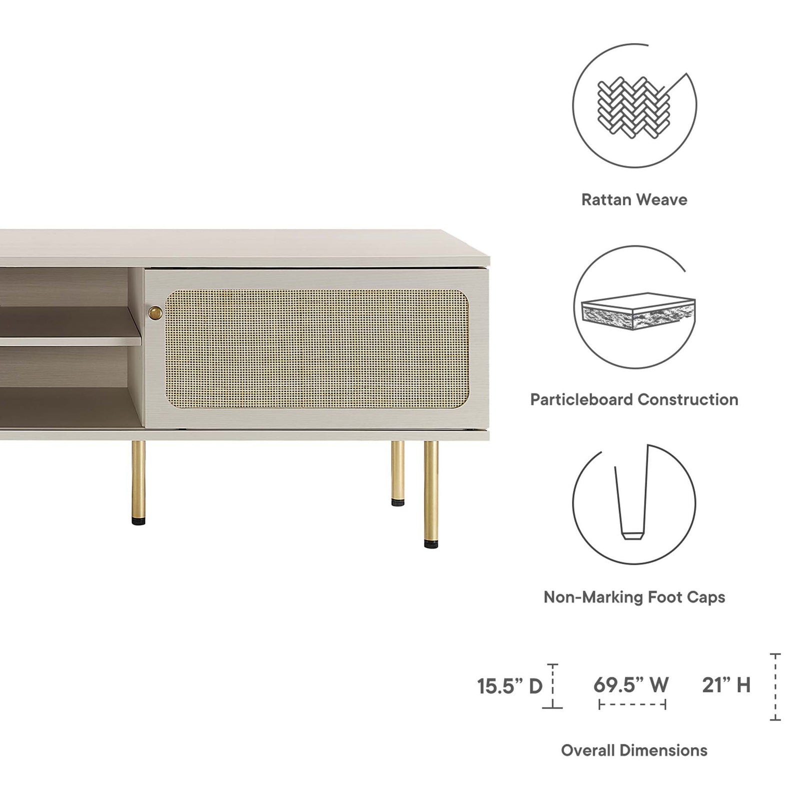 White TV stand with rattan doors, feature icons, and overall width and height dimensions shown. || EEI-6046-WHI || dimension_studio