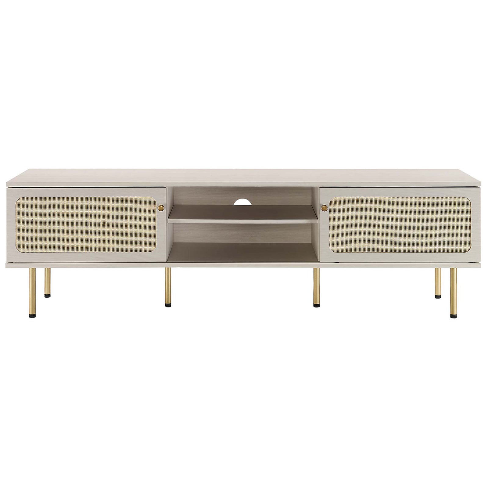White media console with wide woven rattan doors gliding to reveal or conceal the central storage. || EEI-6046-WHI || front_studio