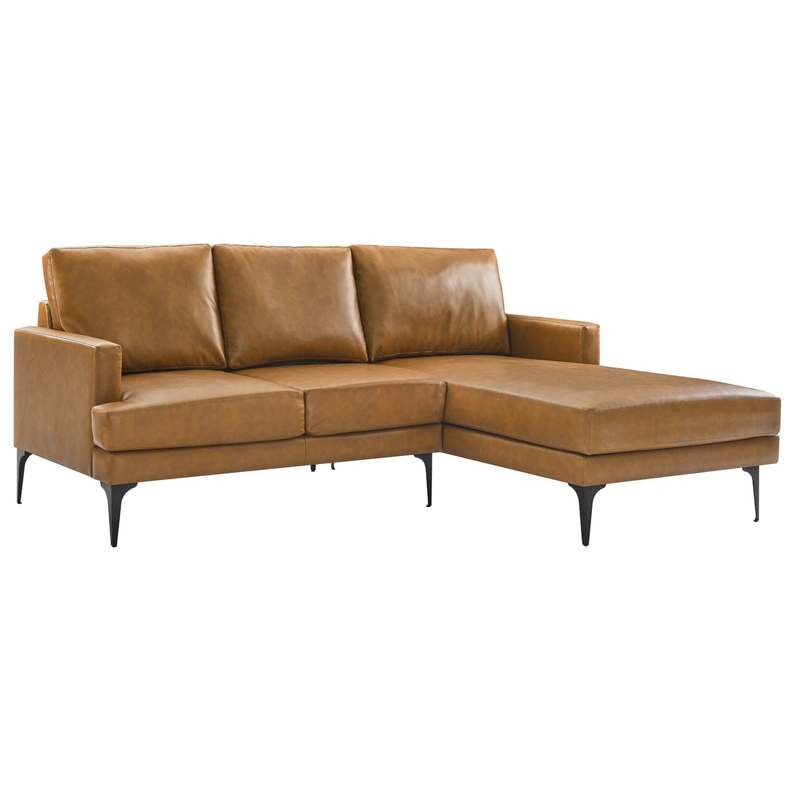 Tan vegan leather right-facing sectional sofa with slim black metal legs and plush seat cushions || EEI-6050-TAN || front_angle_studio