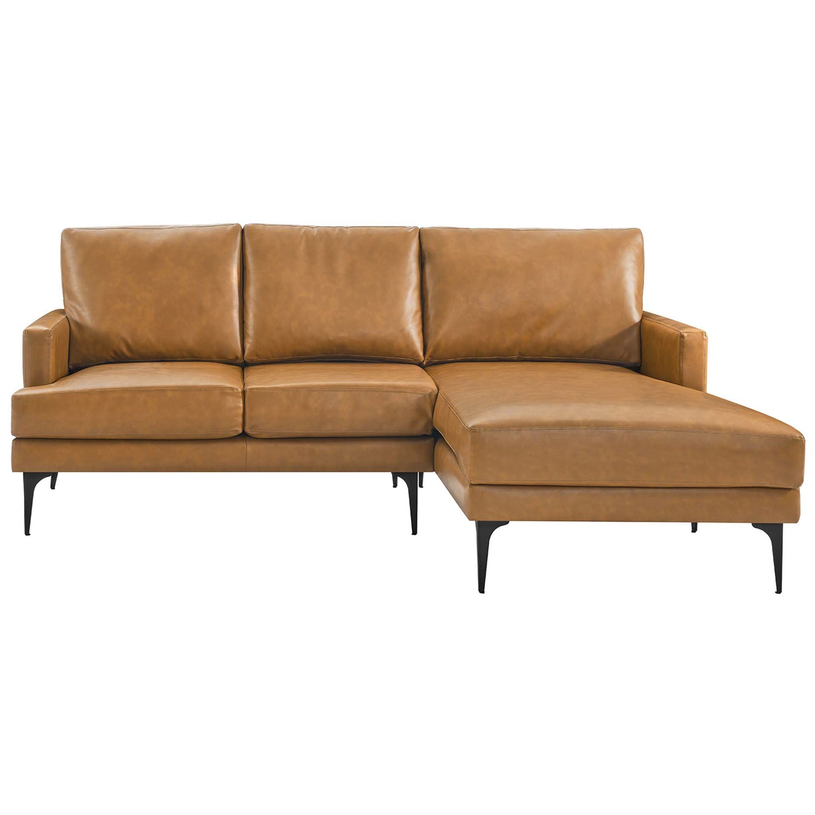 Right-facing tan vegan leather sectional sofa with chaise lounge and supportive back cushions for modern comfort || EEI-6050-TAN || front_studio
