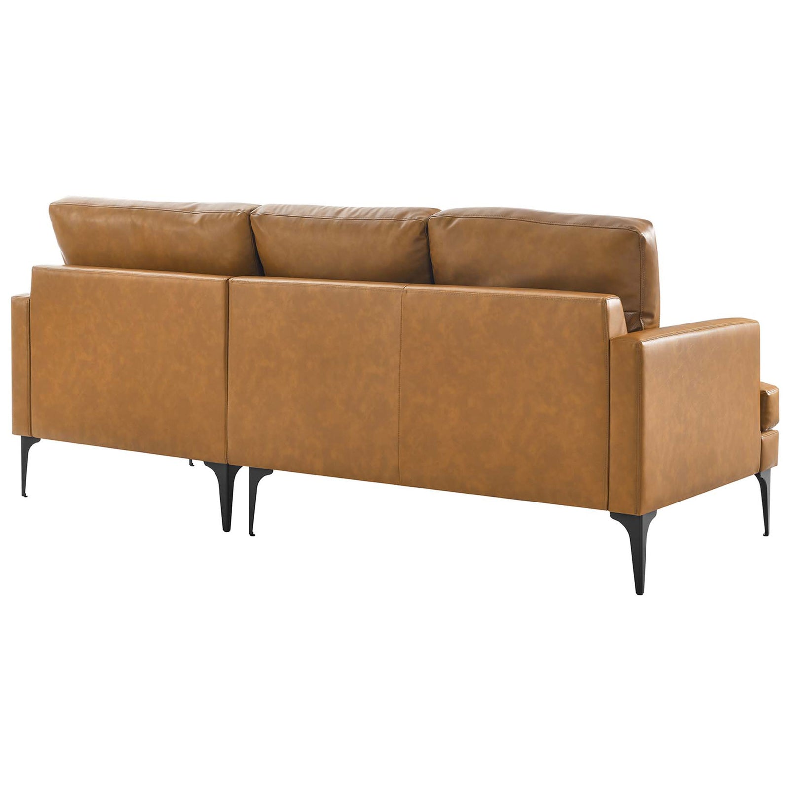 Tan vegan leather sectional sofa showcasing a clean tailored back and slender black metal legs || EEI-6050-TAN || back_angle_studio