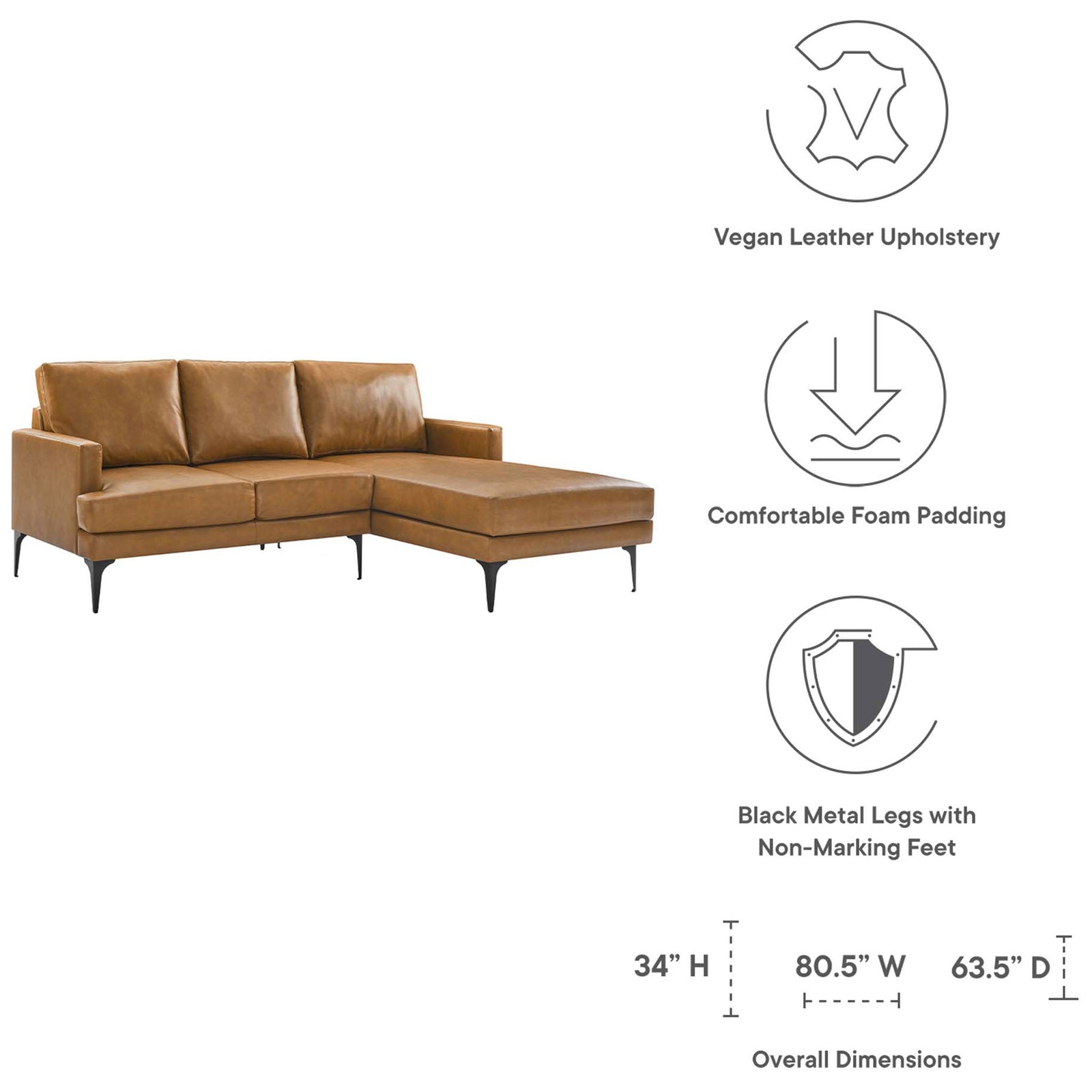 Feature callouts for the tan Evermore right-facing vegan leather sectional sofa with foam padding and metal legs || EEI-6050-TAN || dimension_studio