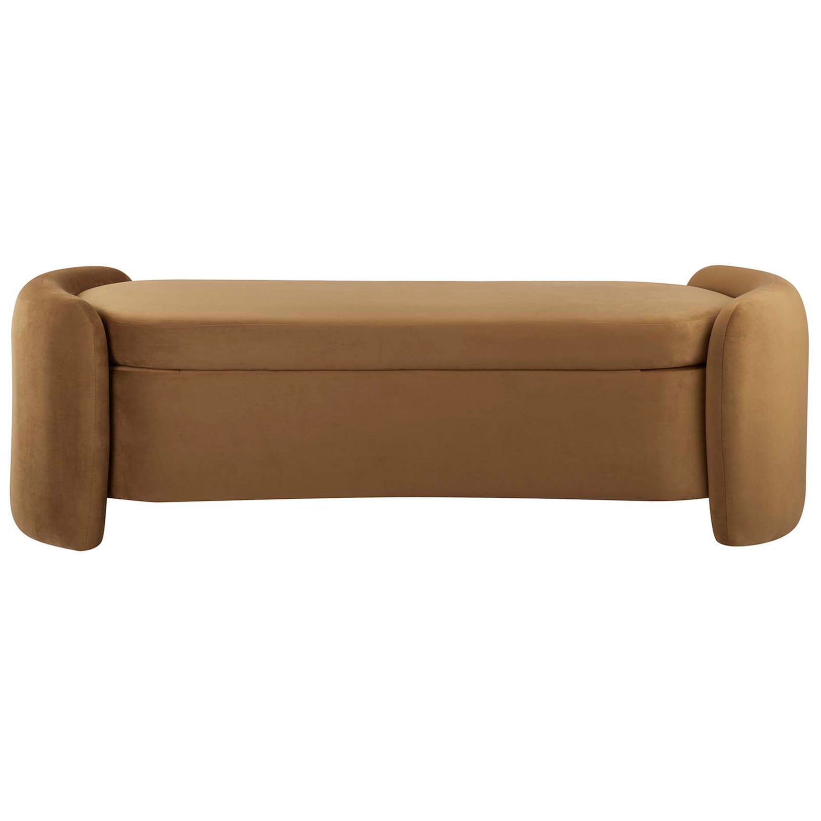Curved cognac velvet bench with plush seat and seamless silhouette. || EEI-6054-COG || front_studio