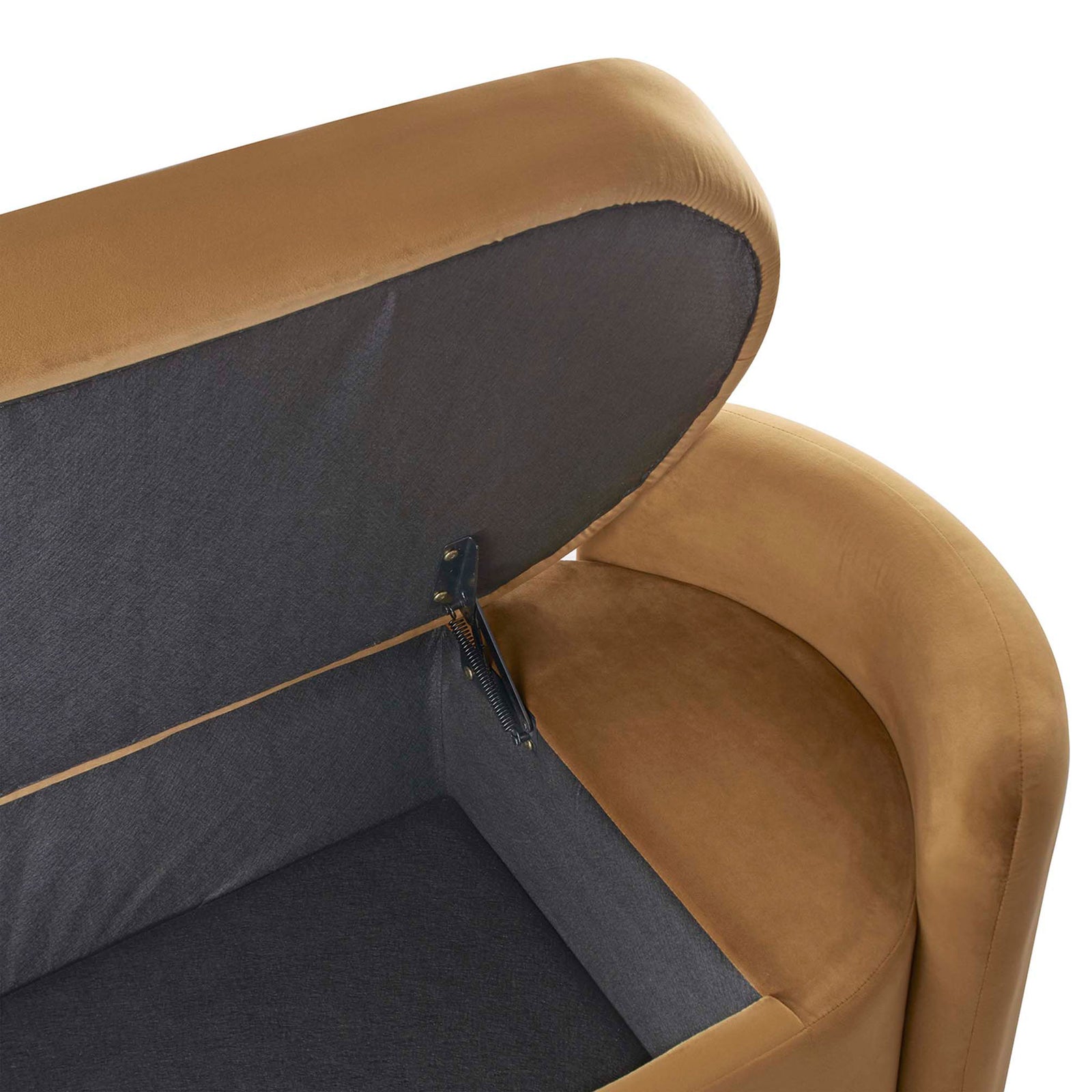 Soft velvet upholstery and sturdy hinge detailing inside the lift-top storage. || EEI-6054-COG || detail_studio