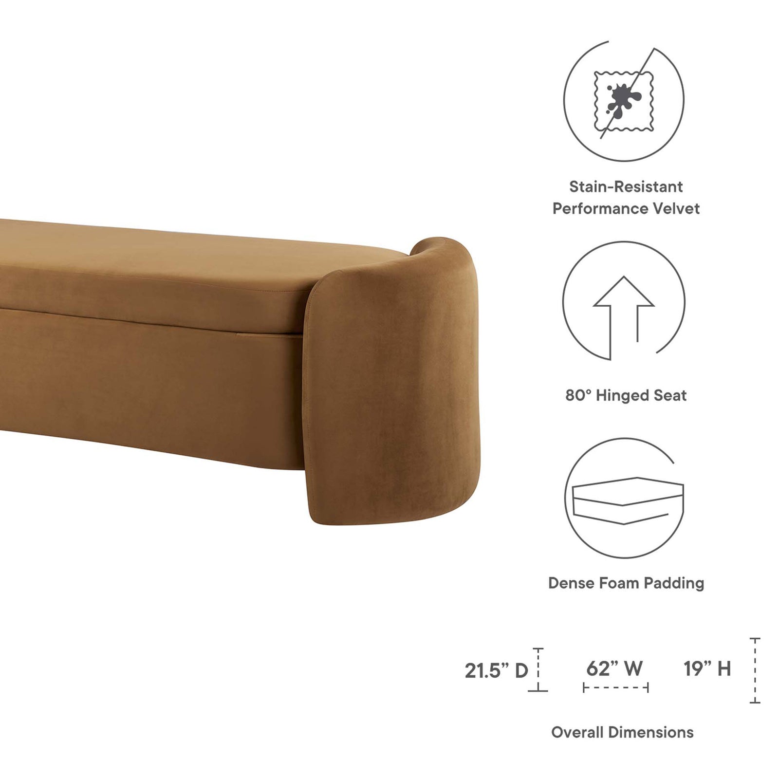 Performance velvet bench with dense foam comfort and easy-lift hinged seat; overall dimensions shown. || EEI-6054-COG || dimension_studio