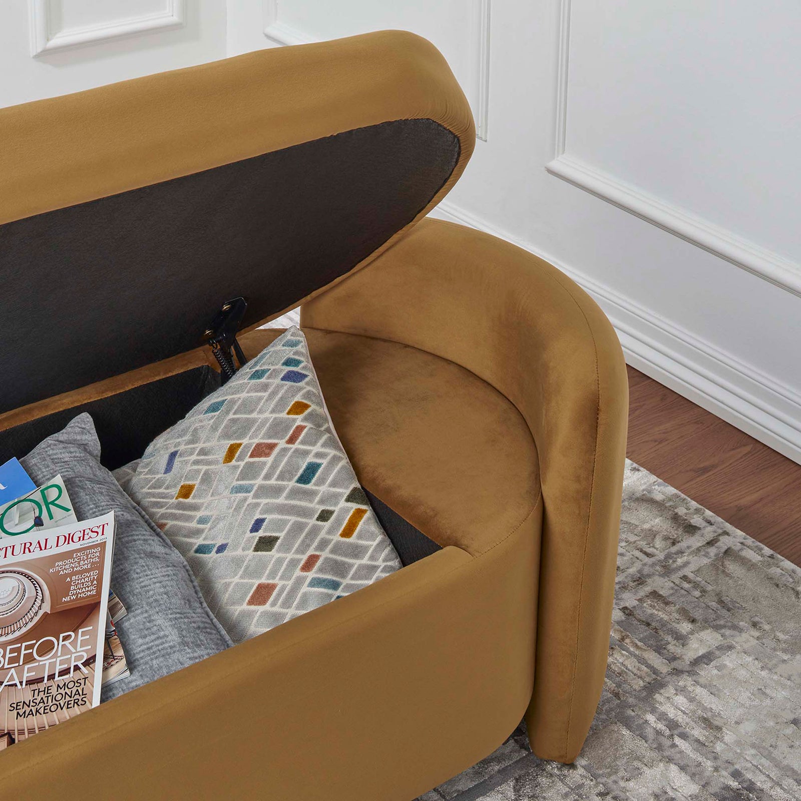 Open storage compartment holds books and pillows, lined for a neat, premium finish. || EEI-6054-COG || storage_open_room