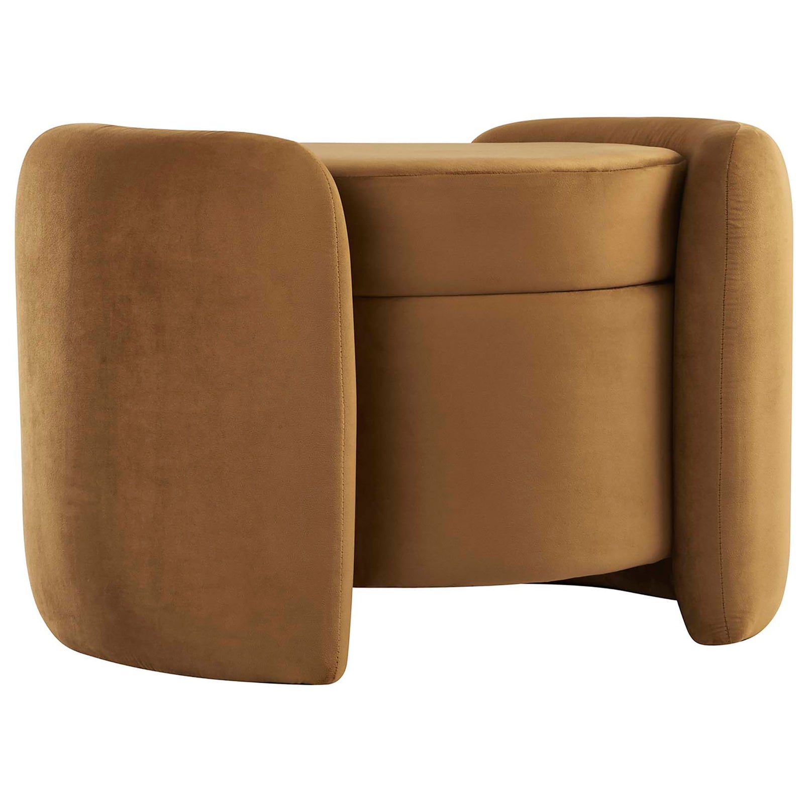 Curved cognac velvet storage ottoman with wraparound side panels and plush cushioned top || EEI-6055-COG || front_angle_studio