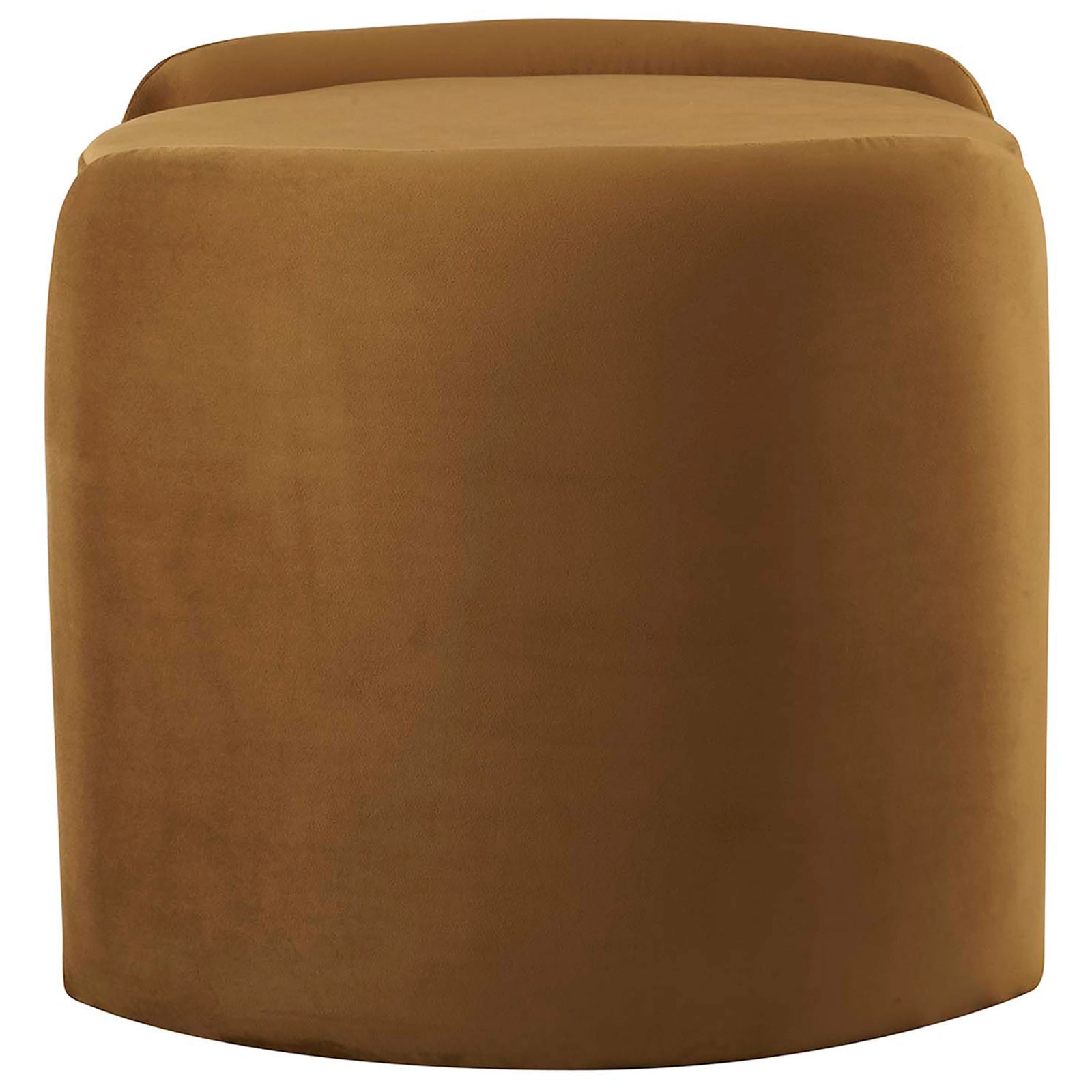 Sleek barrel-shaped cognac performance velvet ottoman showcasing its smooth curved profile and tailored upholstery || EEI-6055-COG || side_studio