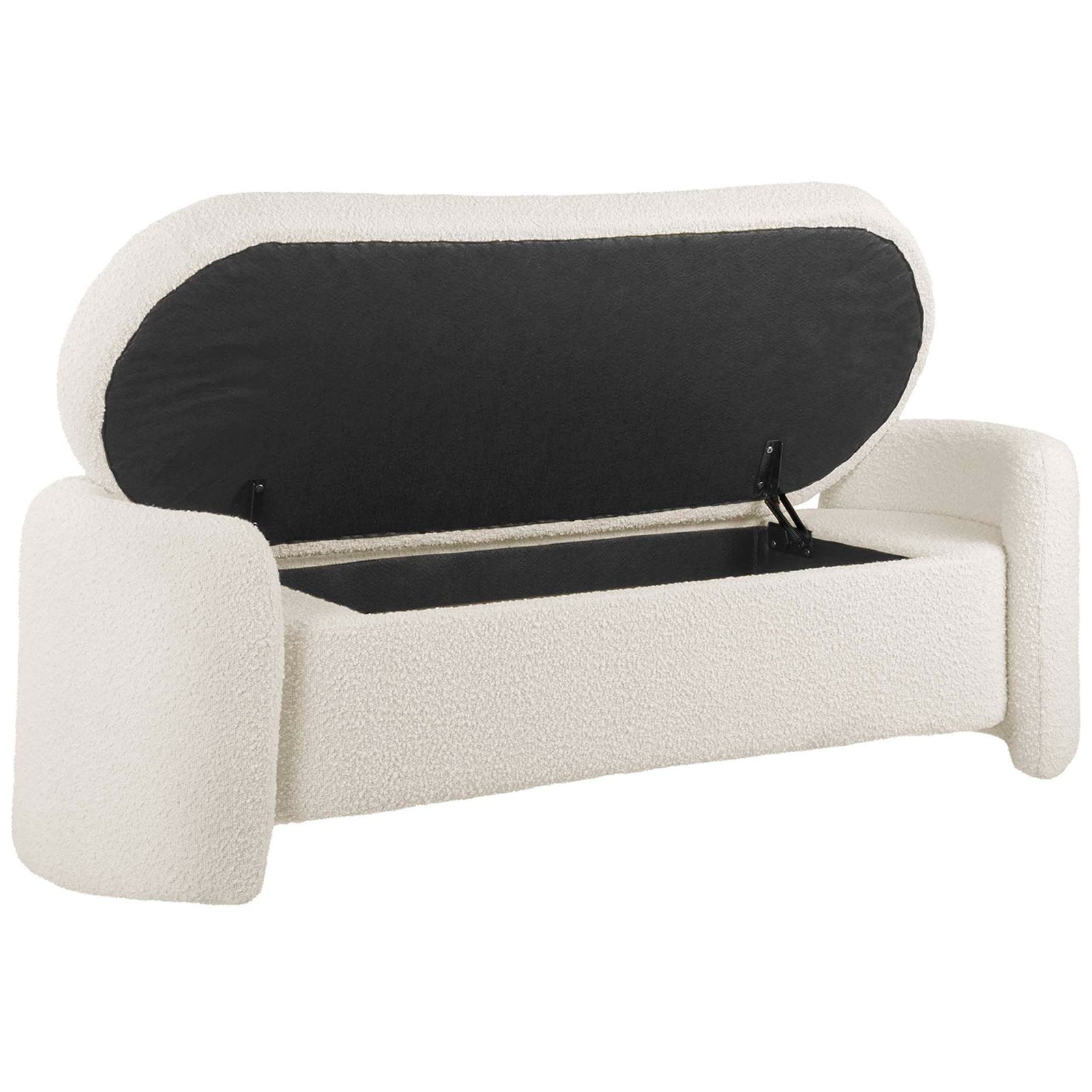 Lift-top storage bench reveals a spacious, fabric-lined compartment for throws and books || EEI-6056-IVO || front_angle_open_studio