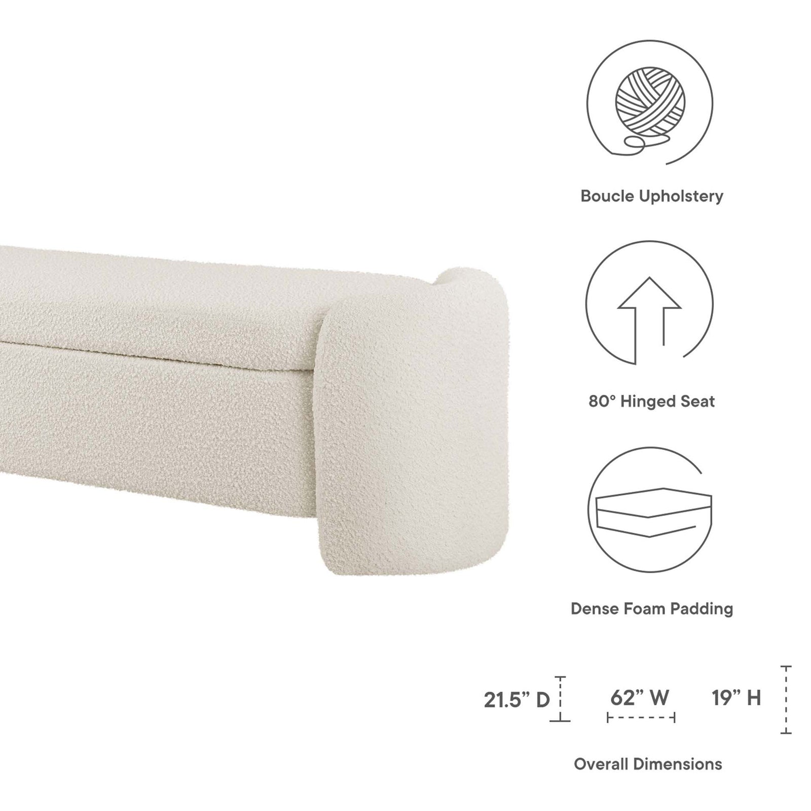 Boucle upholstery and dense foam cushioning with overall dimensions for a perfect fit || EEI-6056-IVO || dimension_studio