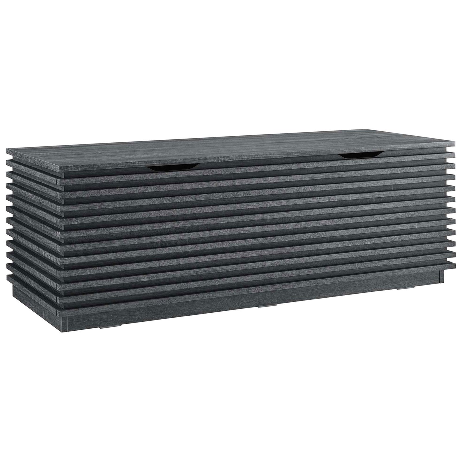 Textured charcoal wood grain and horizontal slats lend refined depth to this spacious storage bench. || EEI-6057-CHA || front_angle_studio