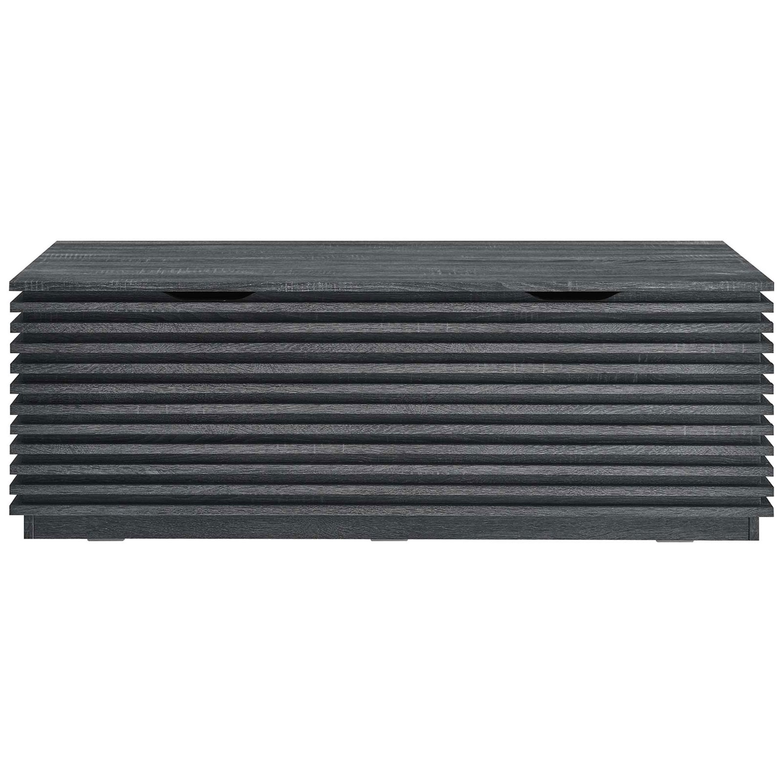 Charcoal slatted storage bench with mid-century lines and a smooth wood grain finish. || EEI-6057-CHA || front_studio