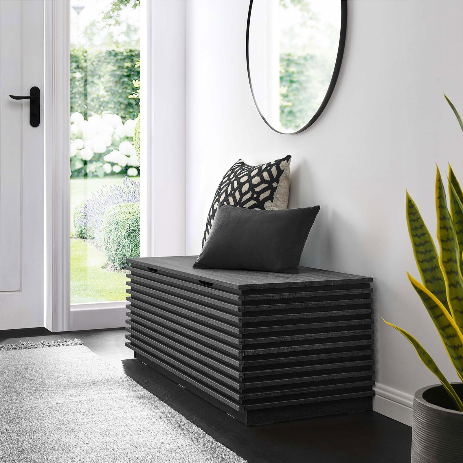 Modern slatted bench in charcoal adds versatile seating and hidden storage to the entryway. || EEI-6057-CHA || front_angle_room