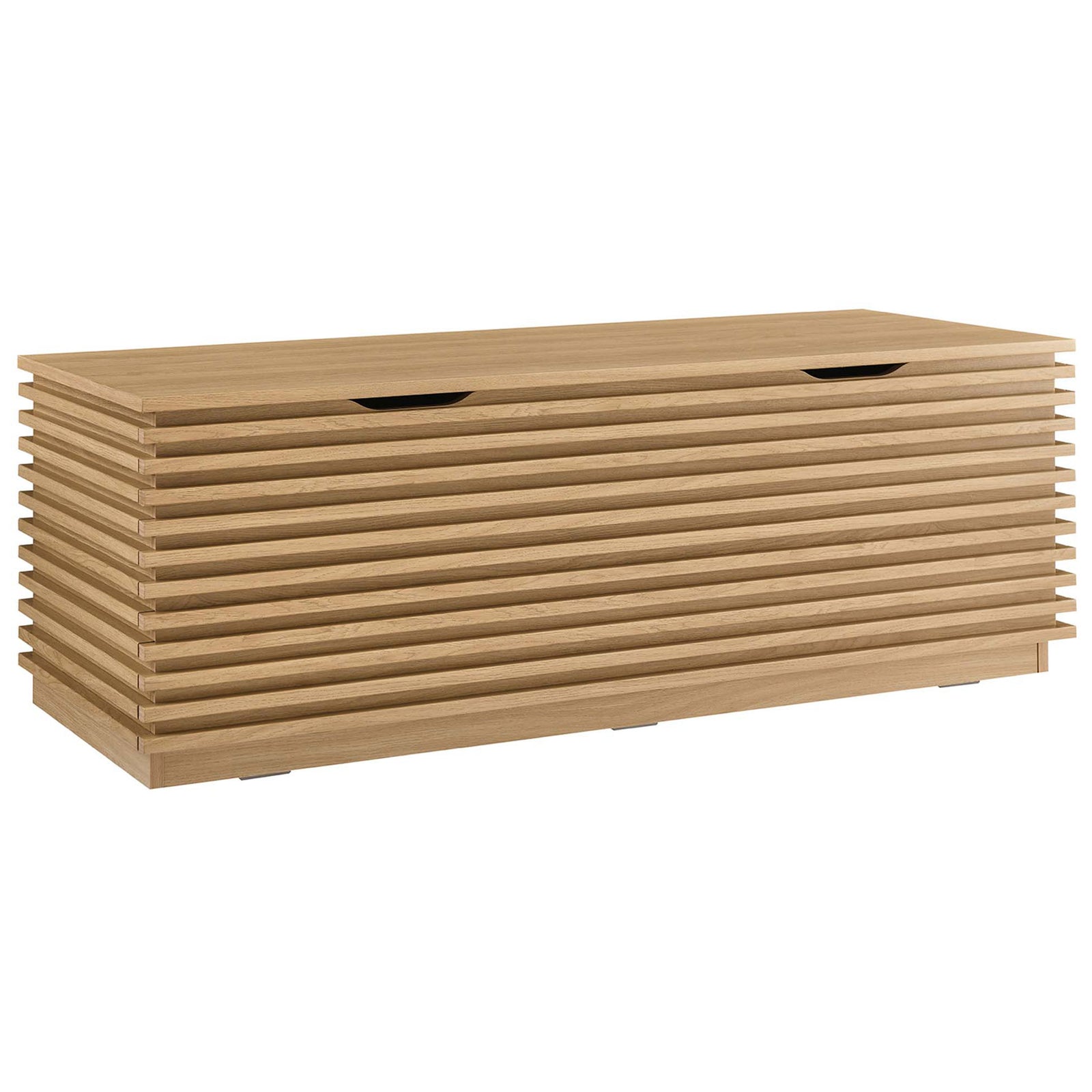 Sleek oak storage bench with bold slatted panels and a low-profile base for a streamlined look. || EEI-6057-OAK || front_angle_studio