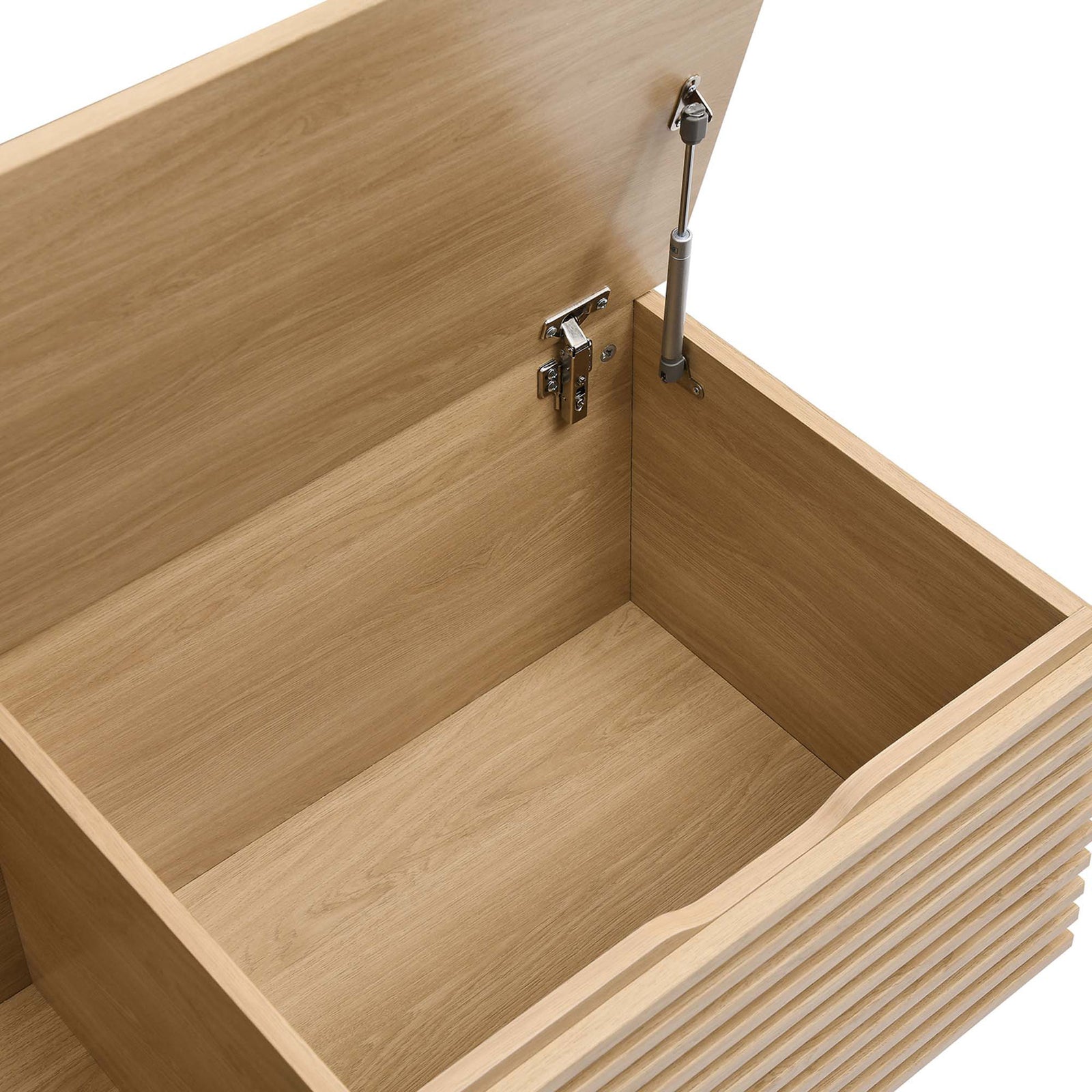 Sturdy interior with metal hinges and smooth wood grain laminate built for everyday use. || EEI-6057-OAK || detail_studio