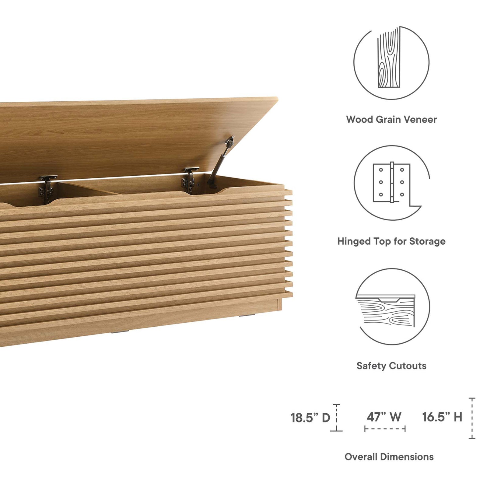 Features wood grain finish, hinged top storage, and safety cutouts; overall size 47 x 18.5 x 16.5 in. || EEI-6057-OAK || callout_studio