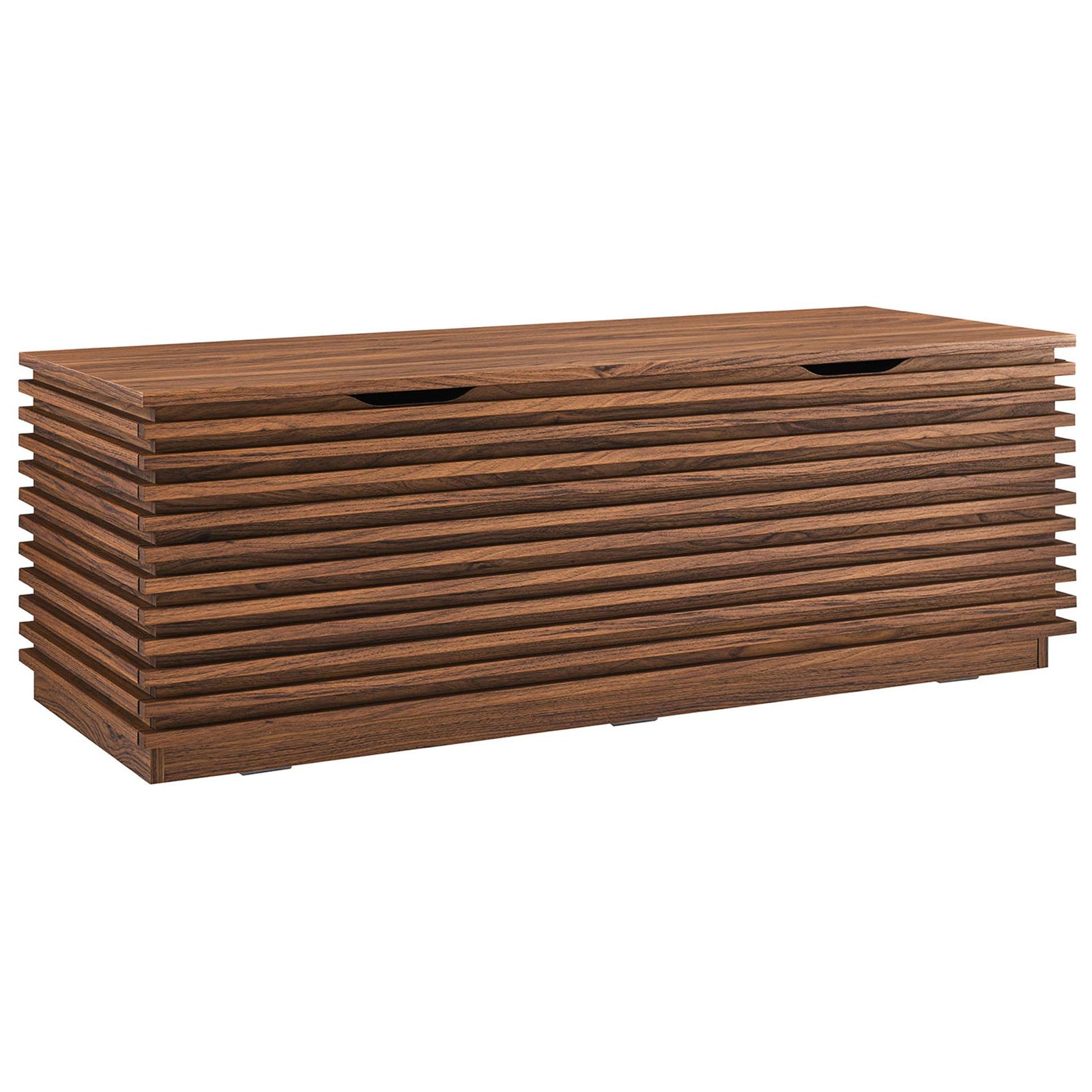 Walnut slatted storage bench with sleek mid-century lines and cutout handles || EEI-6057-WAL || front_angle_studio