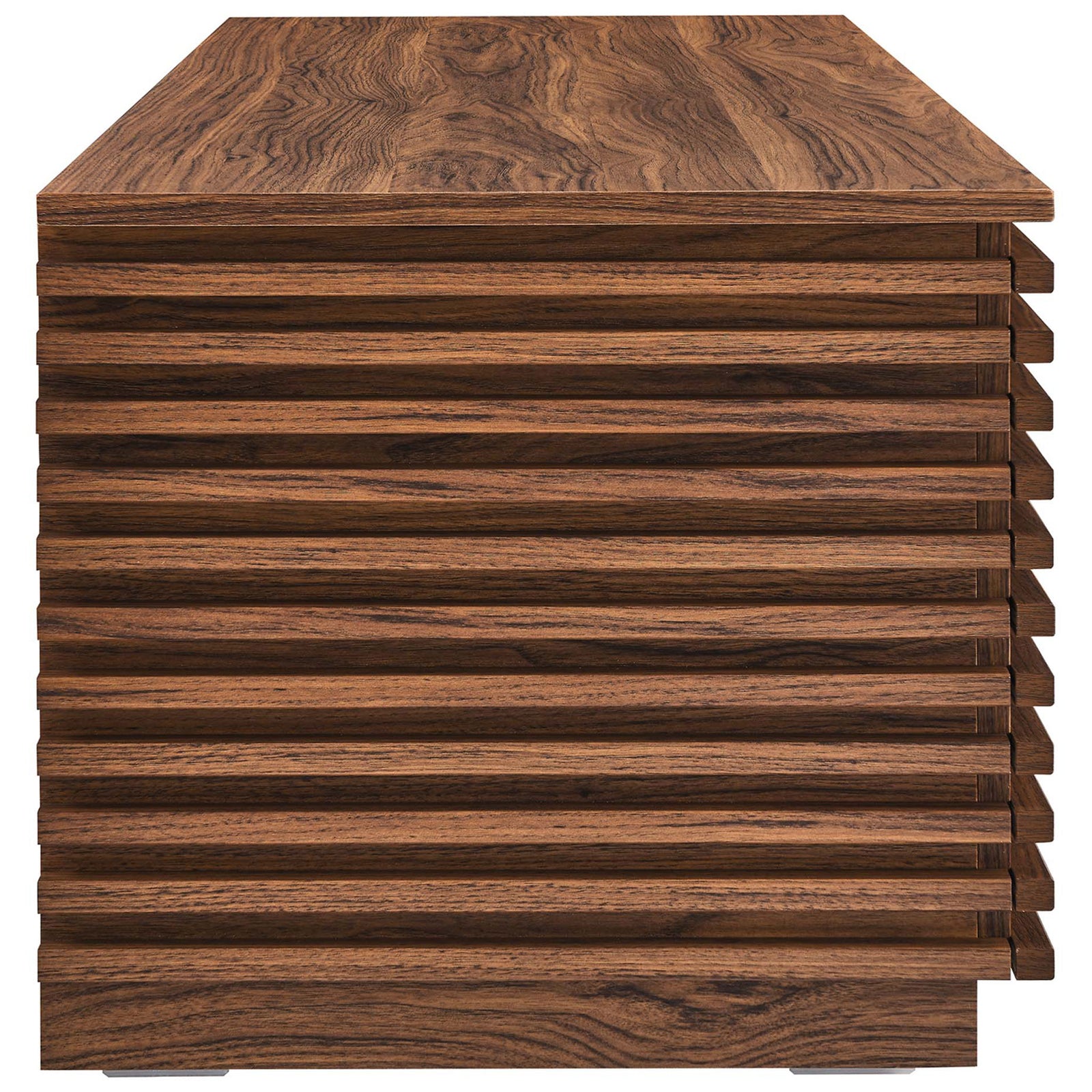 Slim silhouette with layered slat profile and warm walnut wood grain || EEI-6057-WAL || side_studio
