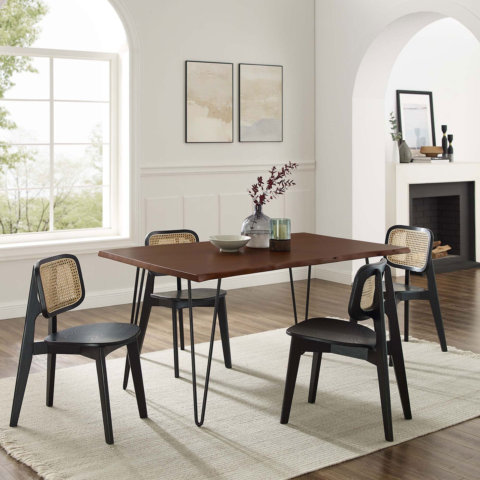 Live edge acacia dining table anchors a modern dining room with black chairs, neutral rug, and minimalist decor. || EEI-6059-BLK-WAL || front_angle_room
