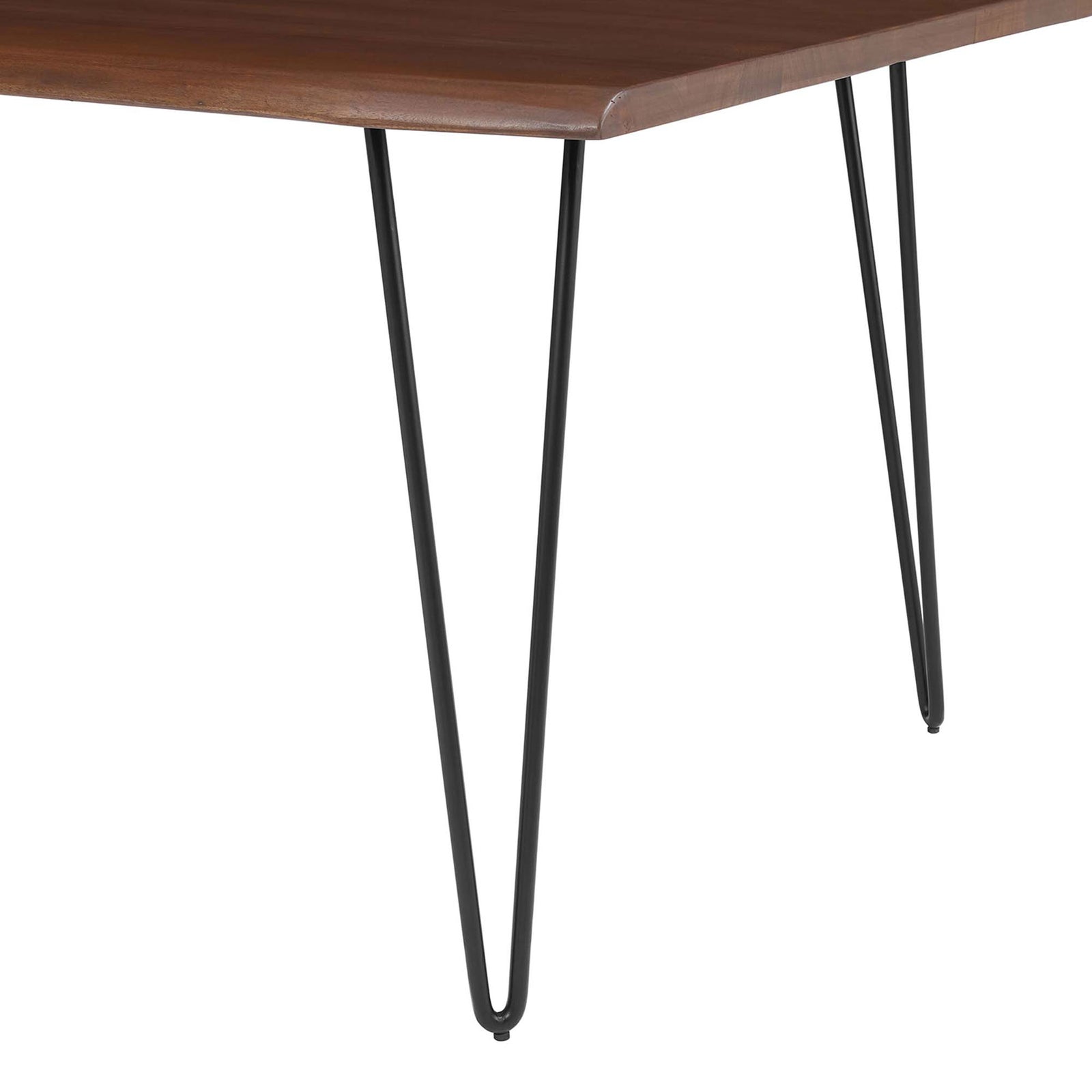 Slender black metal hairpin legs support the live edge acacia tabletop while protecting floors with foot caps. || EEI-6059-BLK-WAL || leg_studio