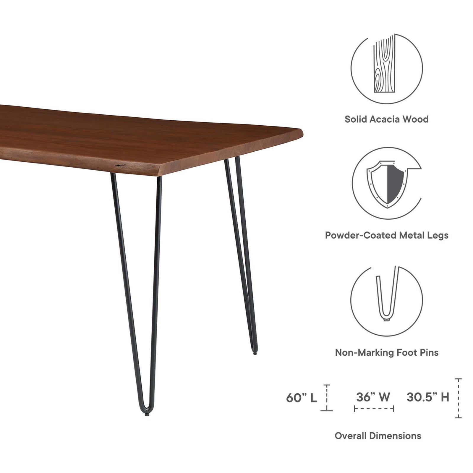 Live edge acacia dining table with icons for solid wood construction, metal hairpin legs, and table size. || EEI-6059-BLK-WAL || dimension_studio