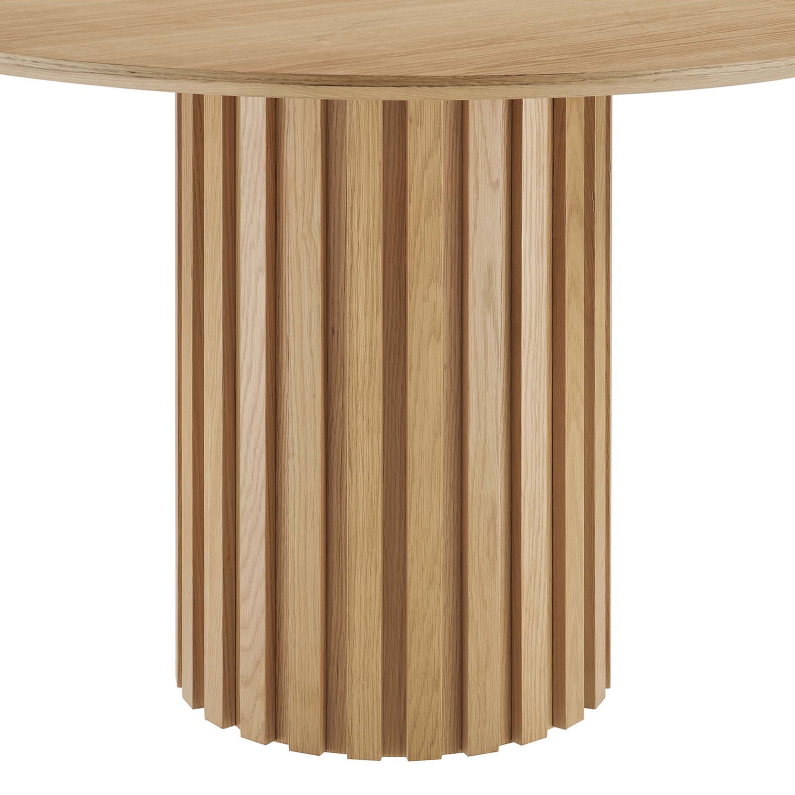 Fluted oak pedestal base adds sculptural texture to this modern round dining table || EEI-6064-OAK-SET || leg_studio