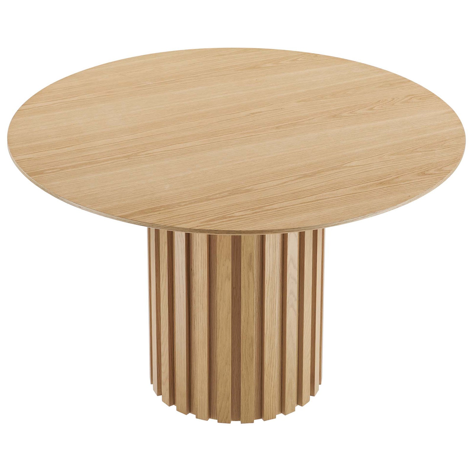 Round oak veneer tabletop showcases natural grain detail over a sculpted fluted pedestal base || EEI-6064-OAK-SET || front_angle_studio