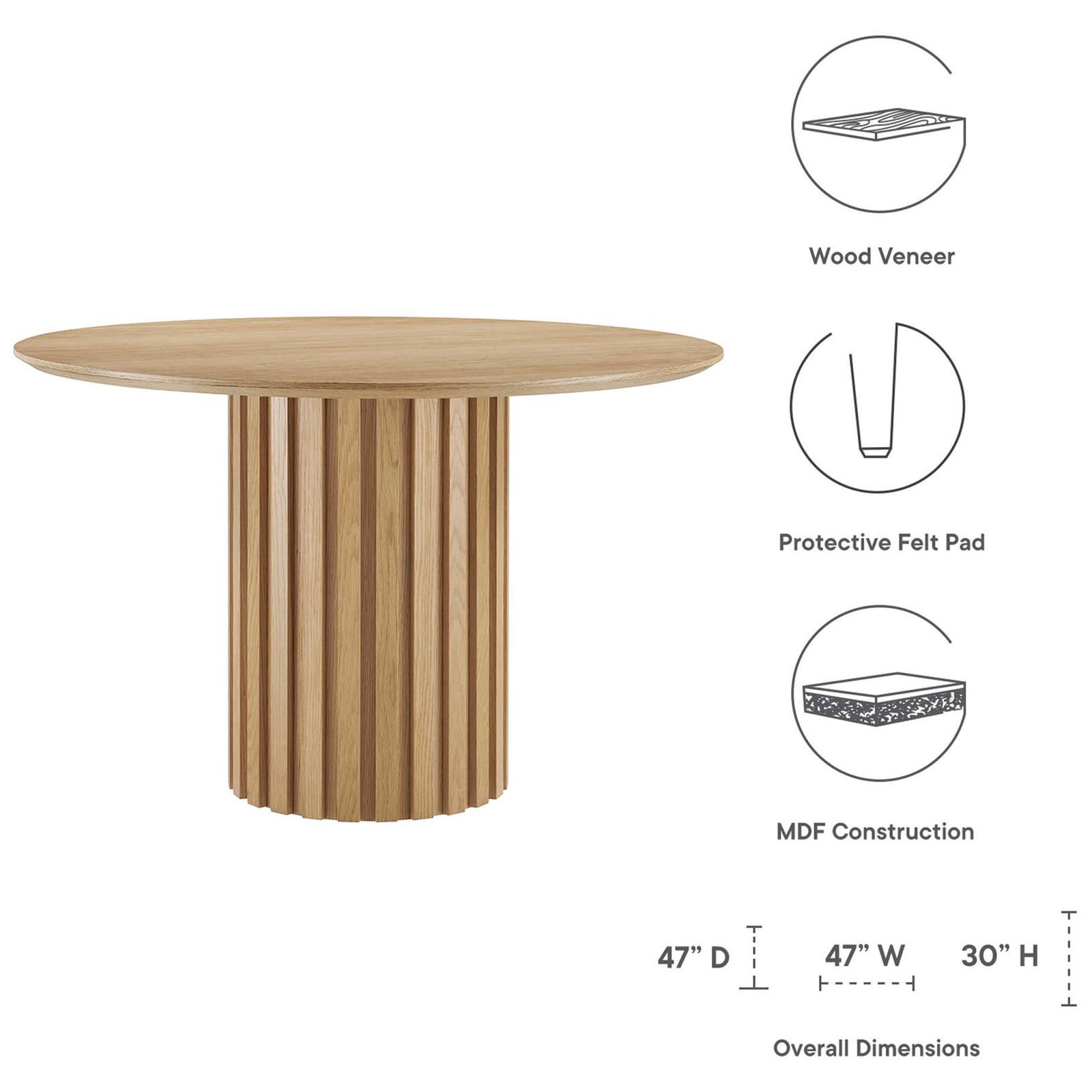 Dimension and feature graphic of the Senja round oak dining table with pedestal base || EEI-6064-OAK-SET || dimension_studio