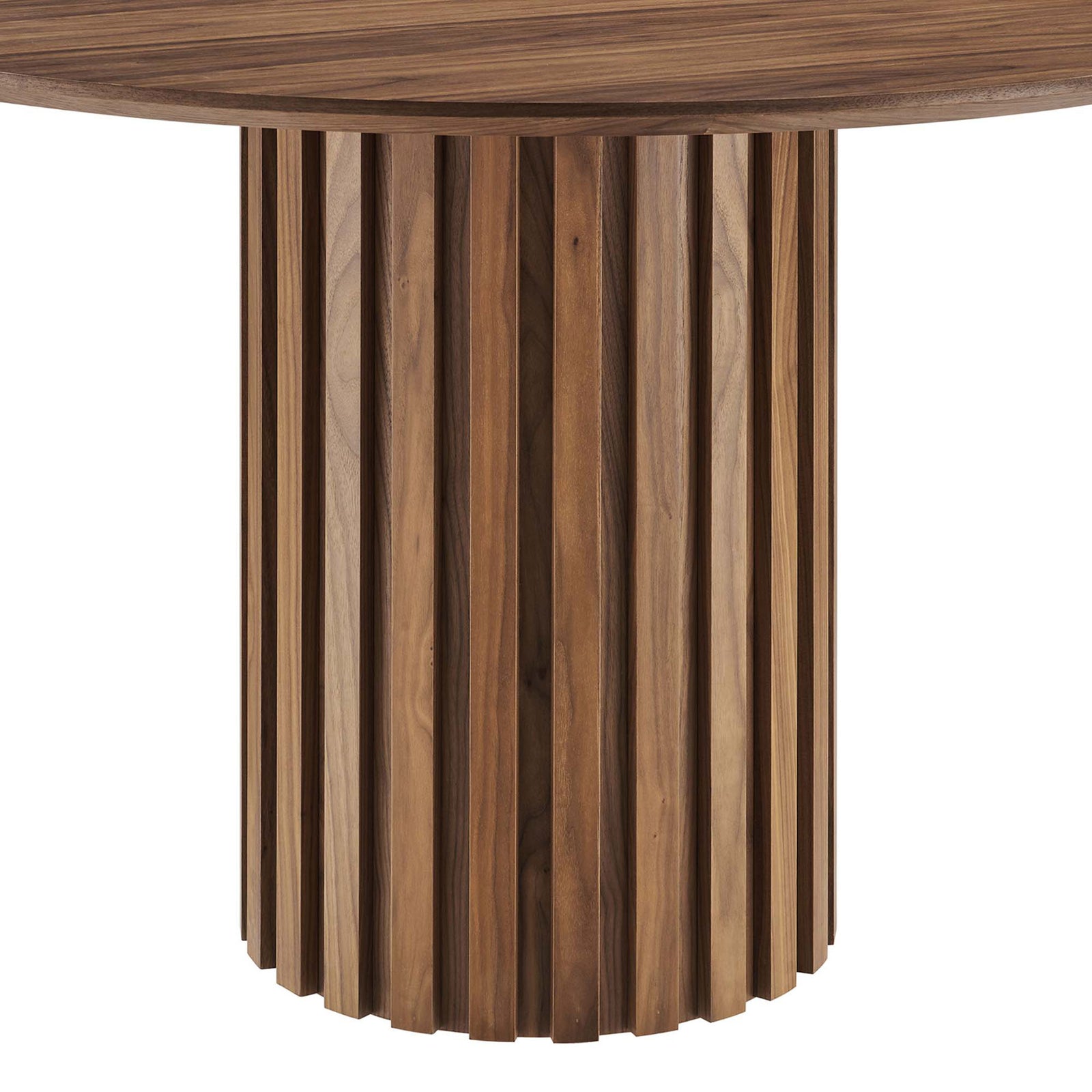 Fluted walnut pedestal base lends sculptural texture and sturdy support to this modern dining table || EEI-6064-WAL-SET || leg_studio