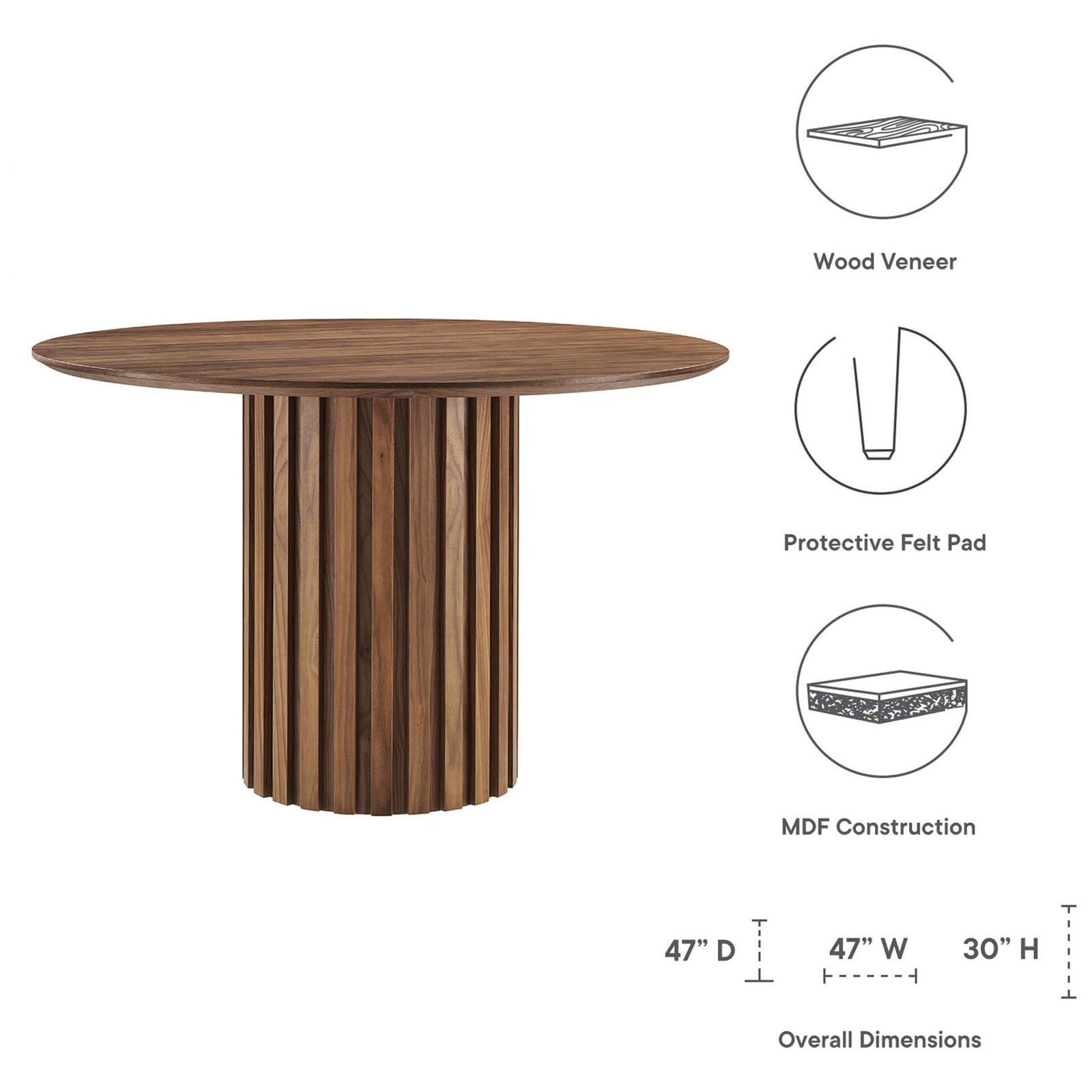 Feature and dimension graphic outlines the Senja round dining table size and key construction details || EEI-6064-WAL-SET || dimension_studio