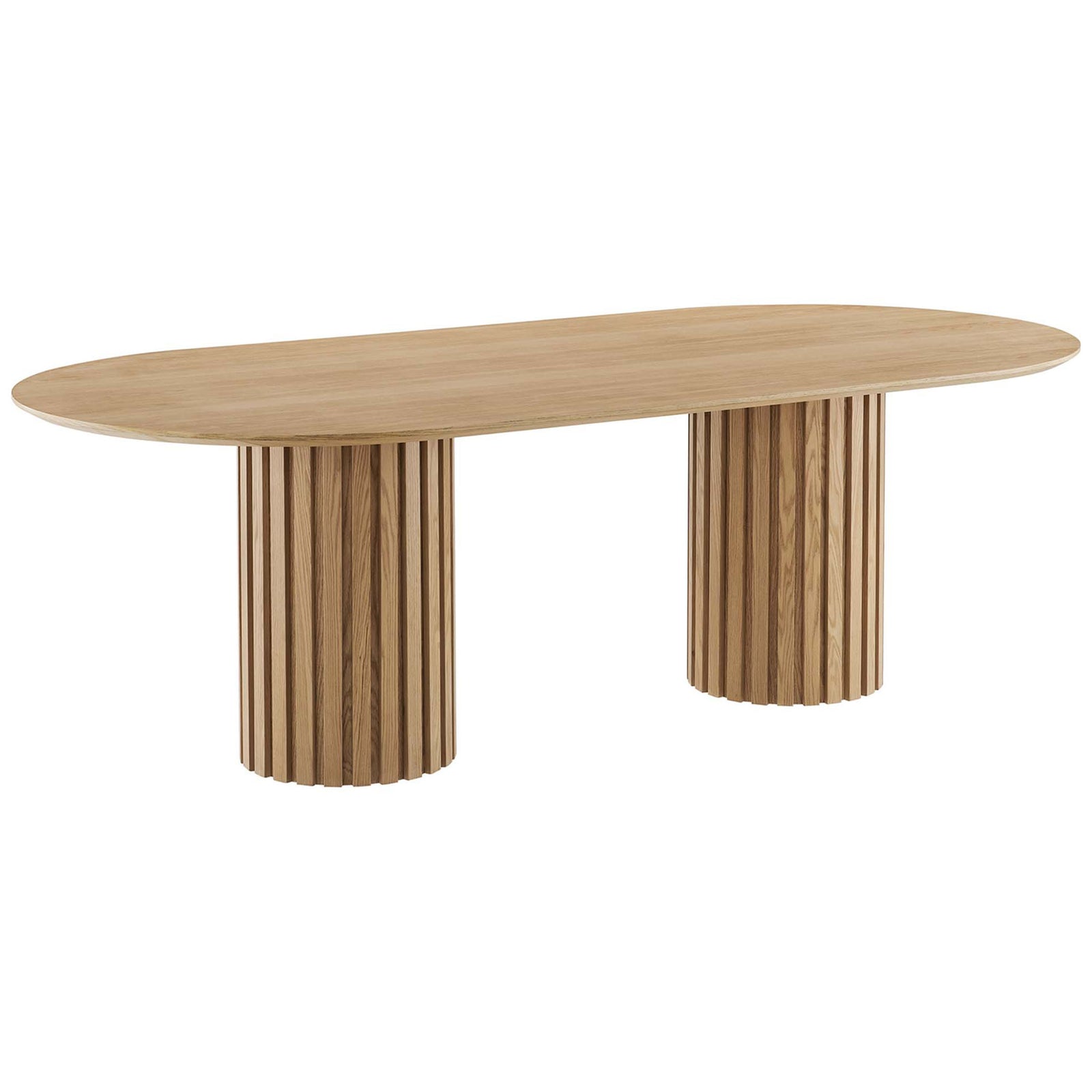 Streamlined oval oak dining table with warm wood grain and sculptural twin pedestal bases || EEI-6065-OAK-SET || front_angle_studio