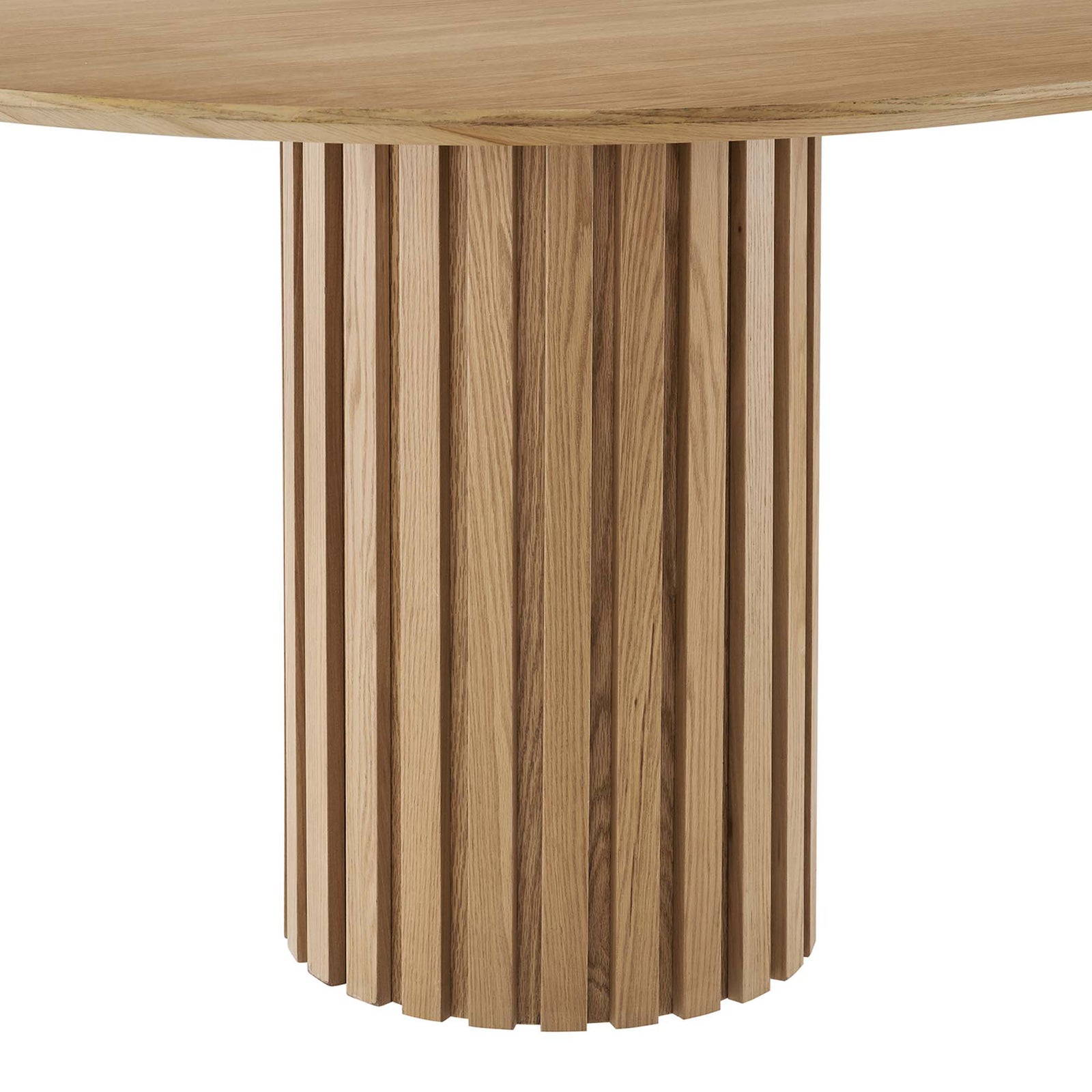 Cylindrical fluted pedestal base in a natural oak finish with striking vertical ribbed detailing || EEI-6065-OAK-SET || leg_studio